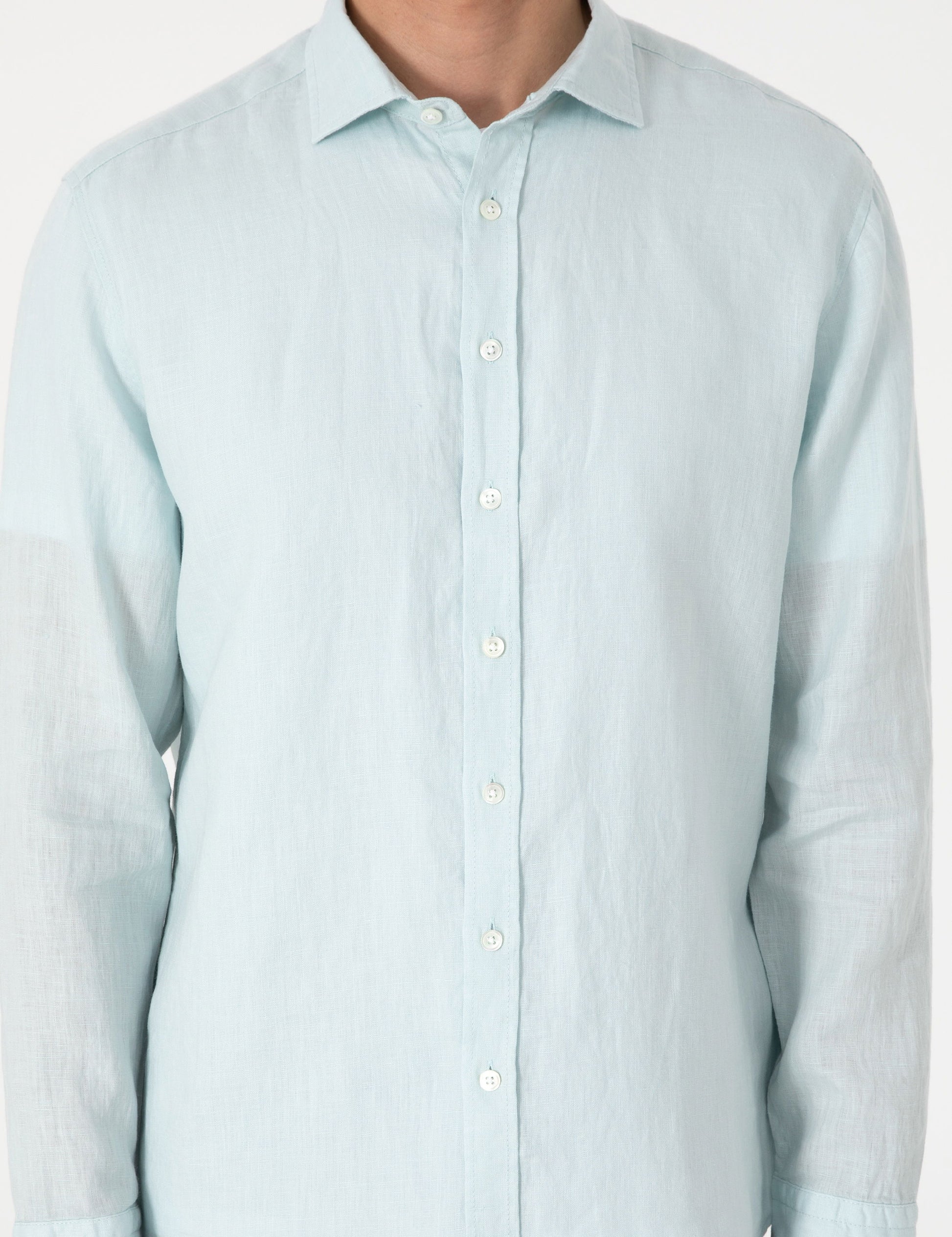 Su Ye��ili %100 Keten Regular Fit Uzunkollu G��mlek