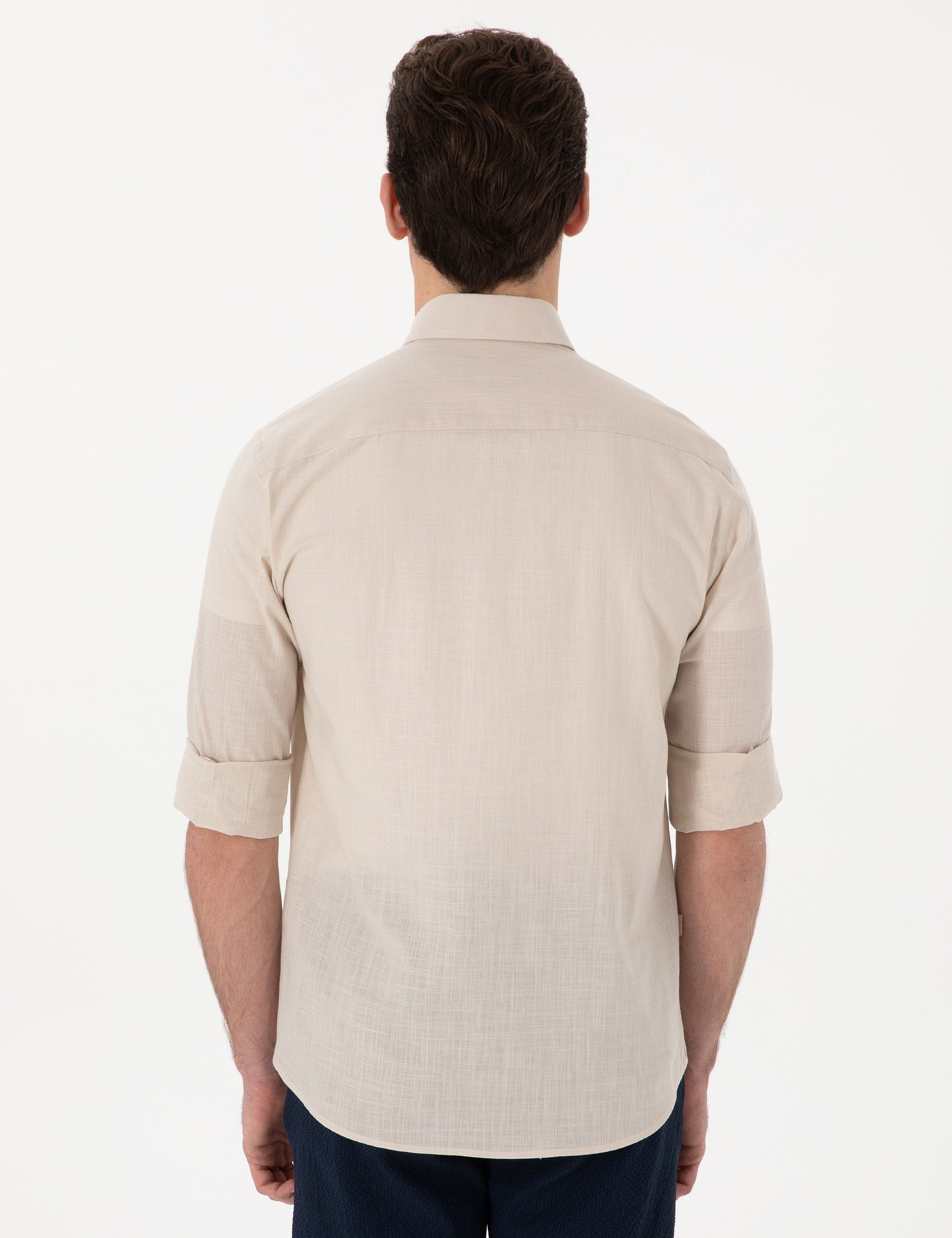 Beige Linen Look Slim Fit Long Sleeve Shirt