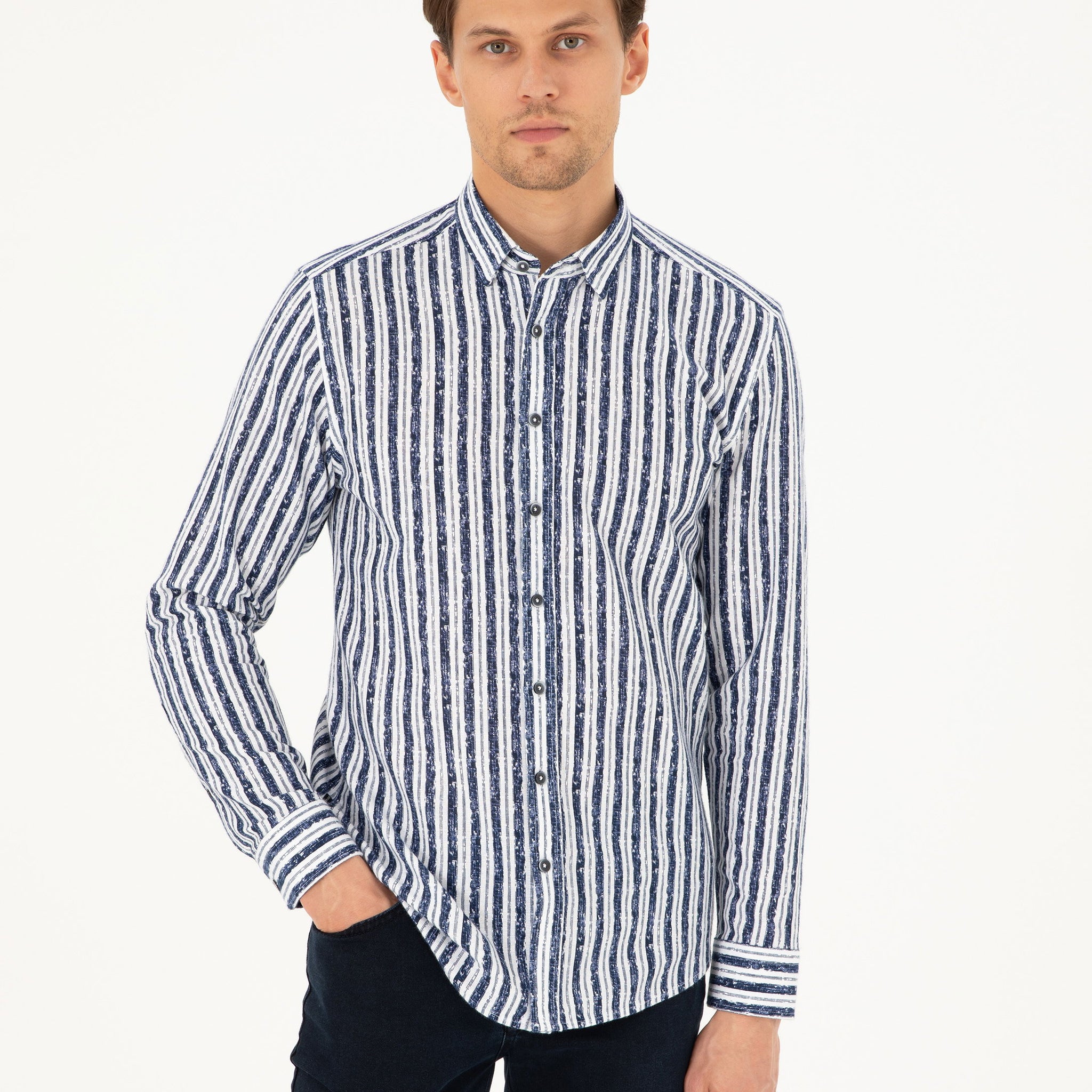 Navy Blue Slim Fit Long Sleeve Shirt