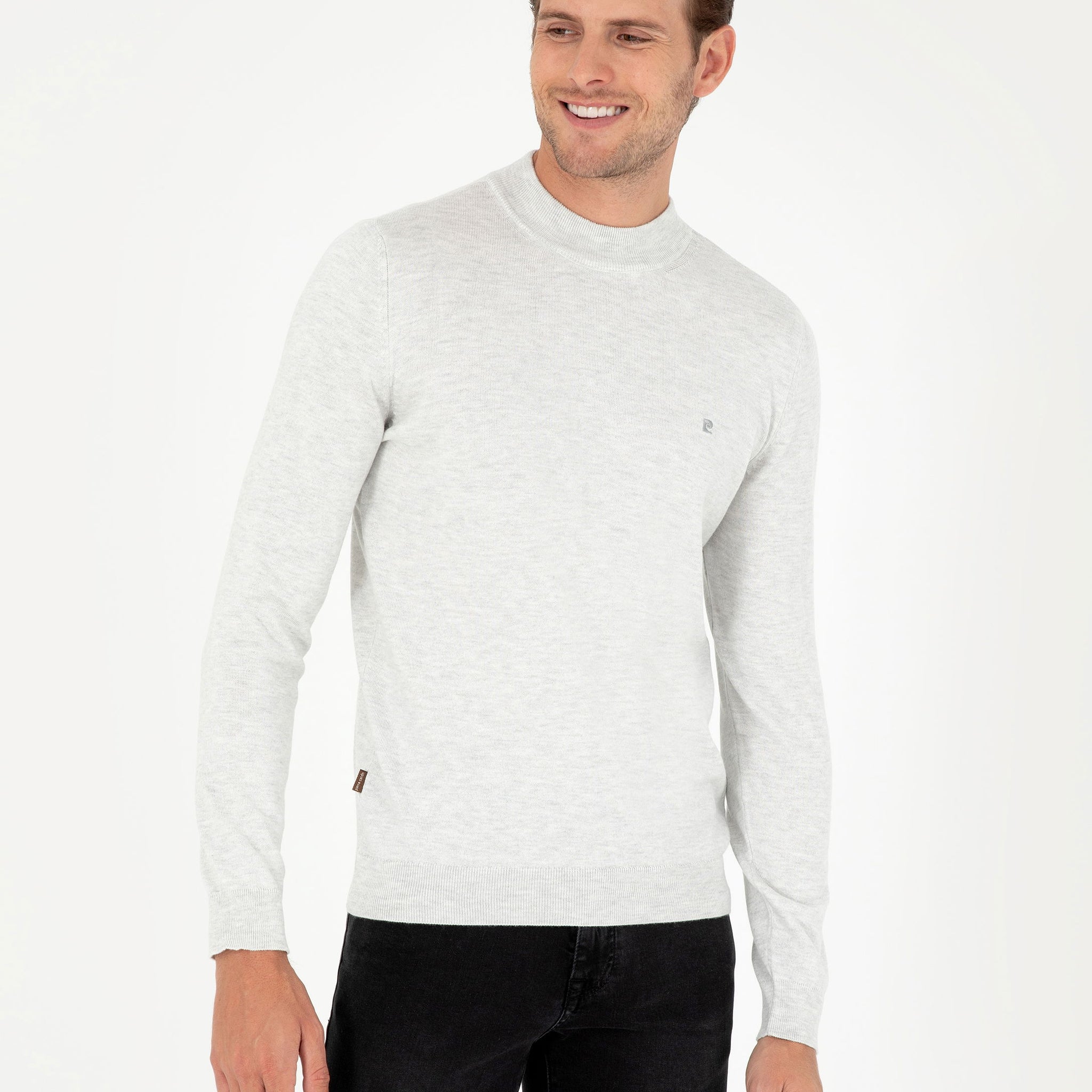 Cream Melange Slim Fit Quarter Neck Basic Knitwear Sweater