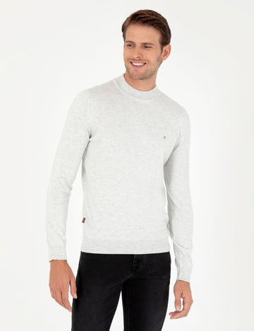 Cream Melange Slim Fit Quarter Neck Basic Knitwear Sweater