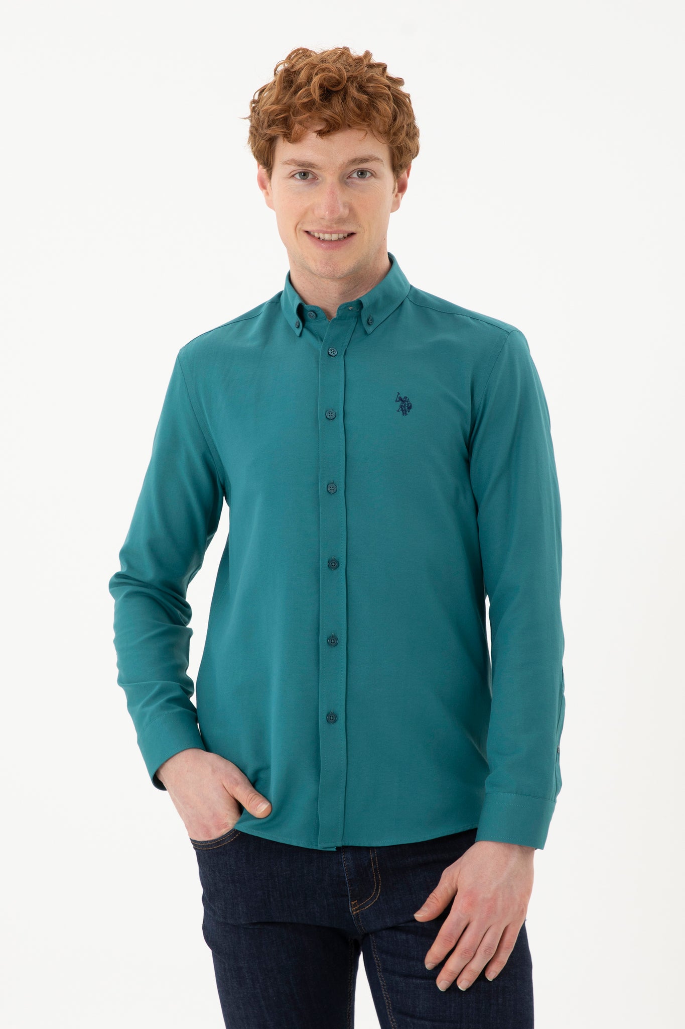 Men's Dark Green Long Sleeve Basic Shirt