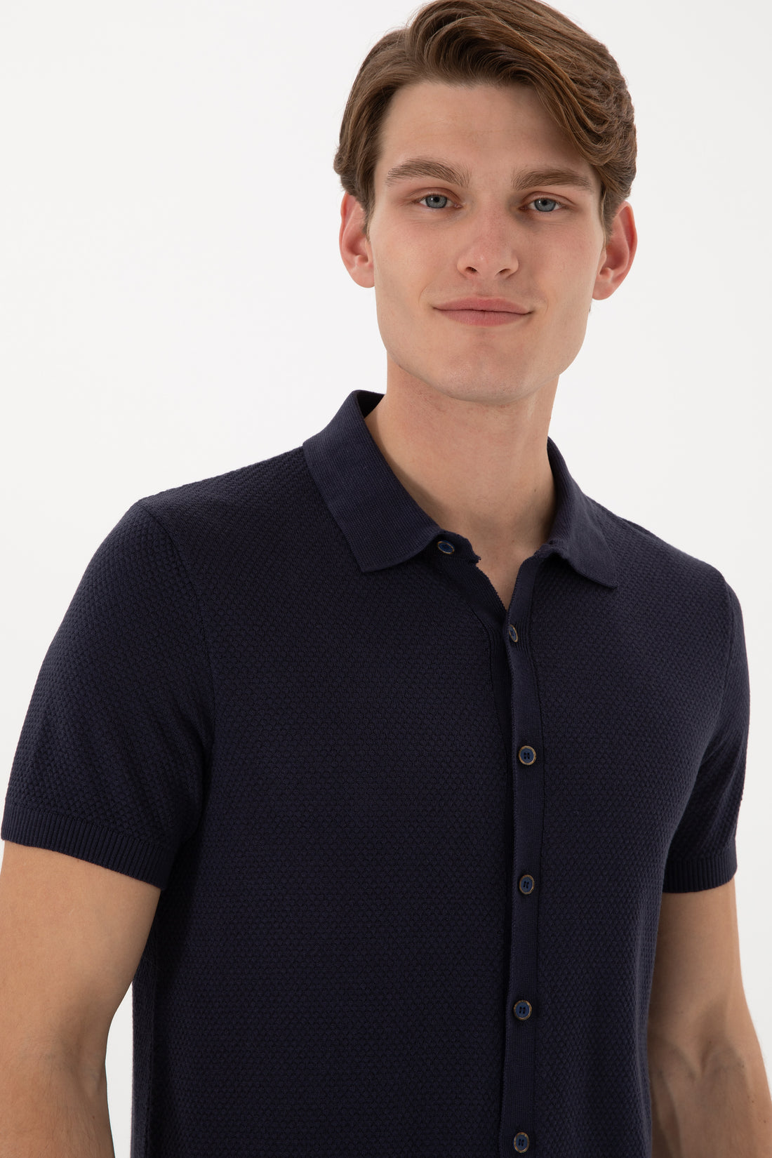Men's Regular Fit Navy Blue Buttoned Knitwear T-Shirt