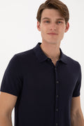 Men's Regular Fit Navy Blue Buttoned Knitwear T-Shirt