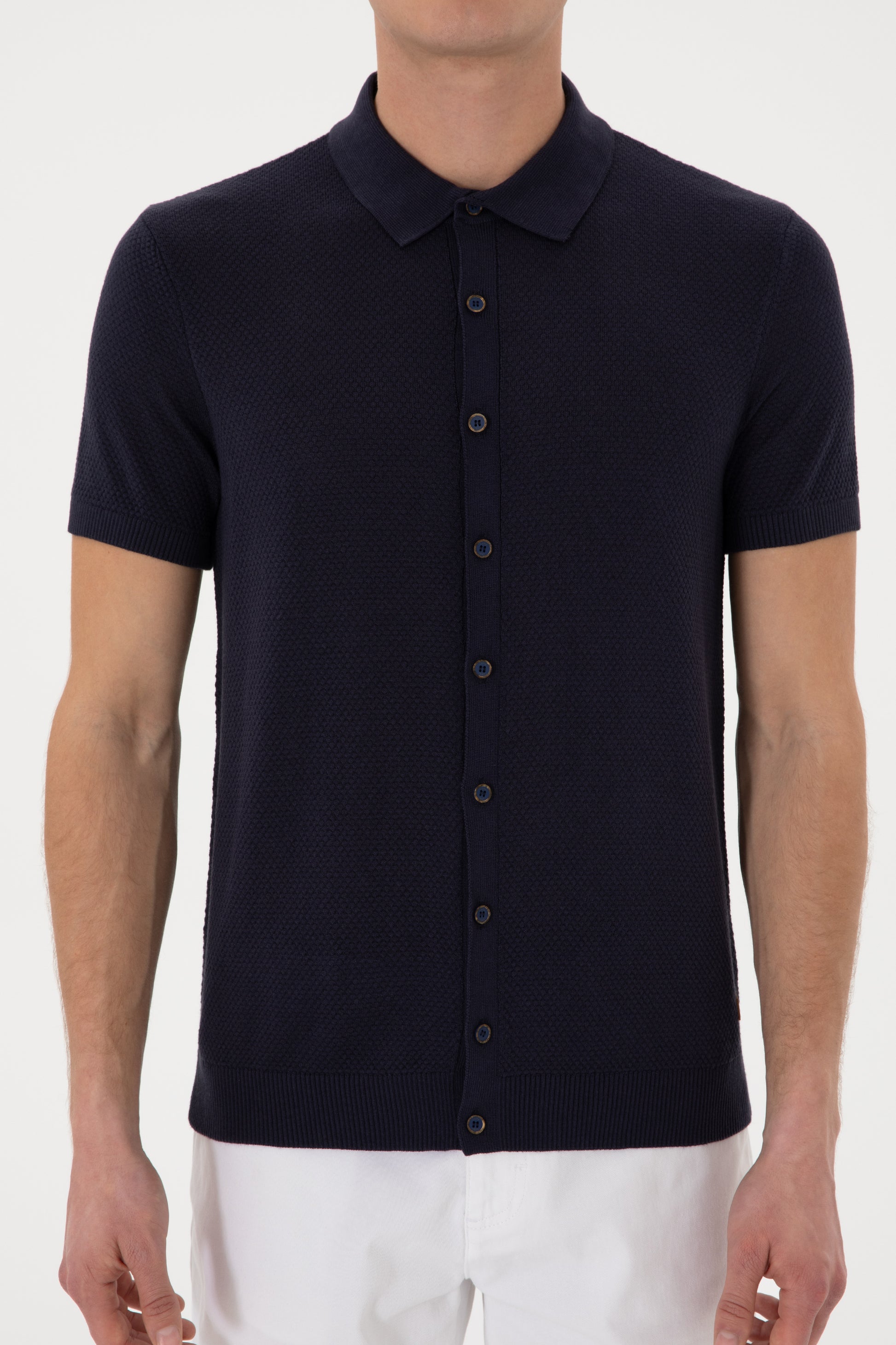 Men's Regular Fit Navy Blue Buttoned Knitwear T-Shirt