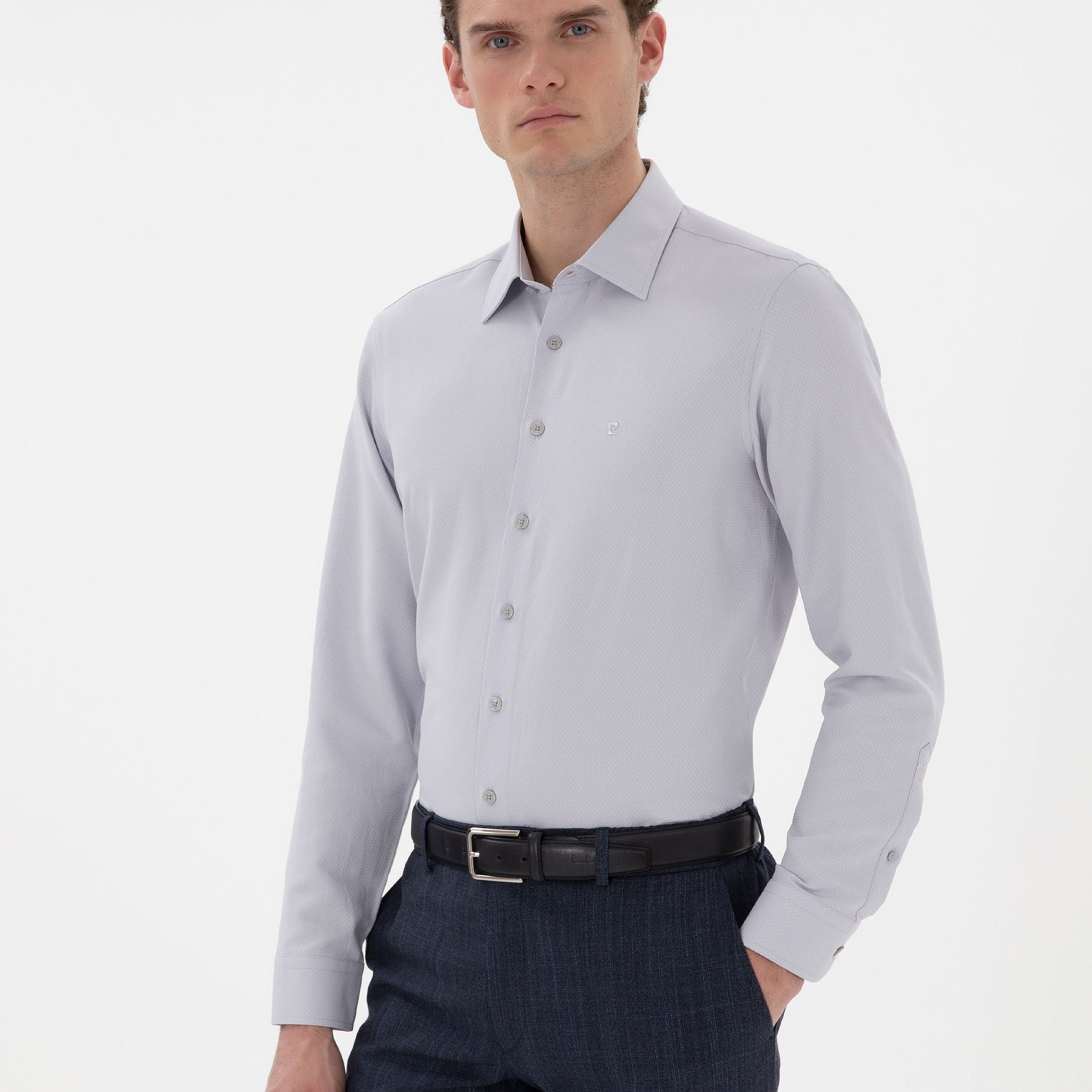Grey Italian Collar Ruffle Long Sleeve Shirt