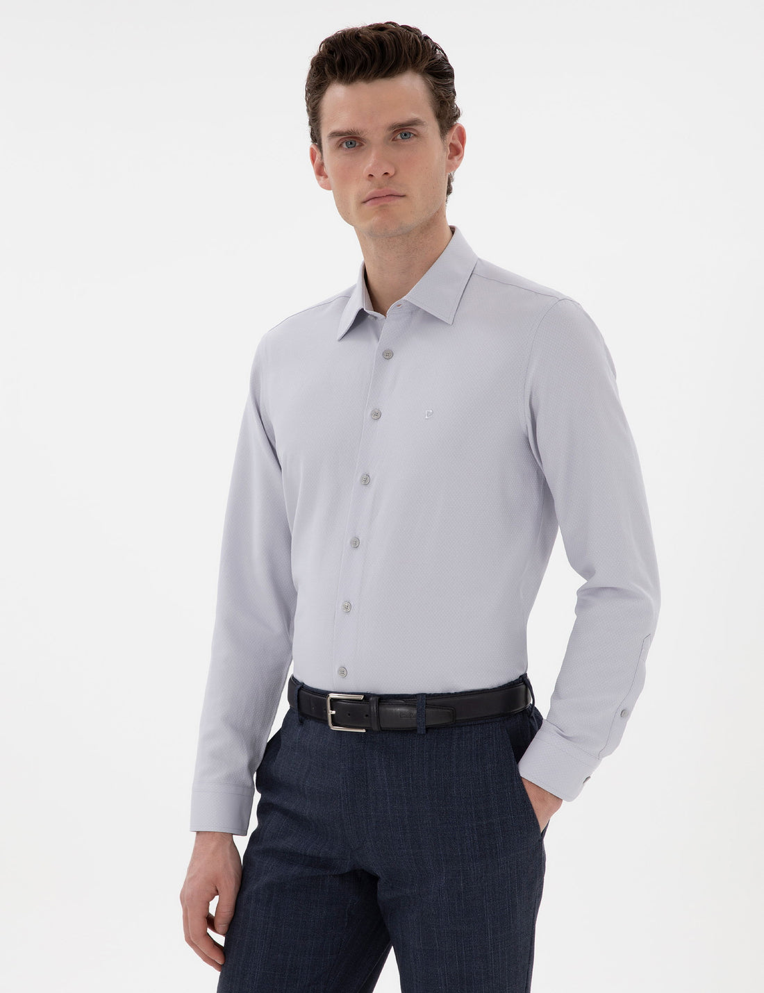 Grey Italian Collar Ruffle Long Sleeve Shirt