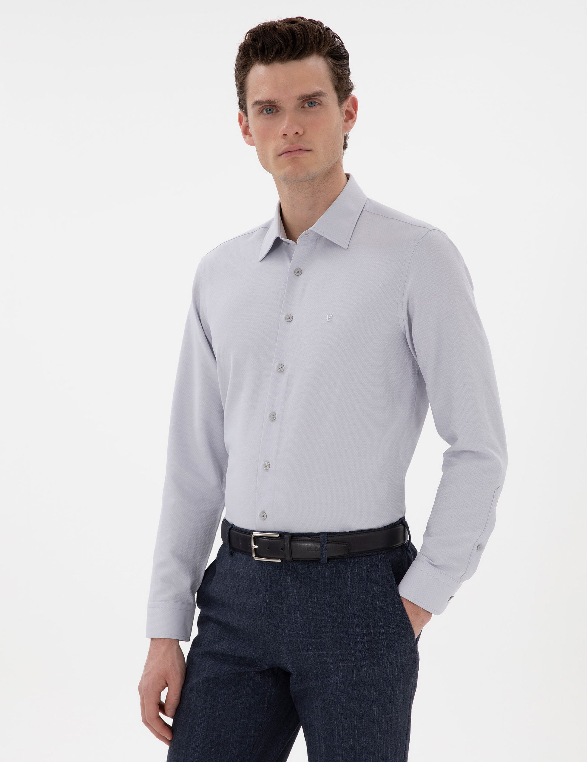 Grey Italian Collar Ruffle Long Sleeve Shirt