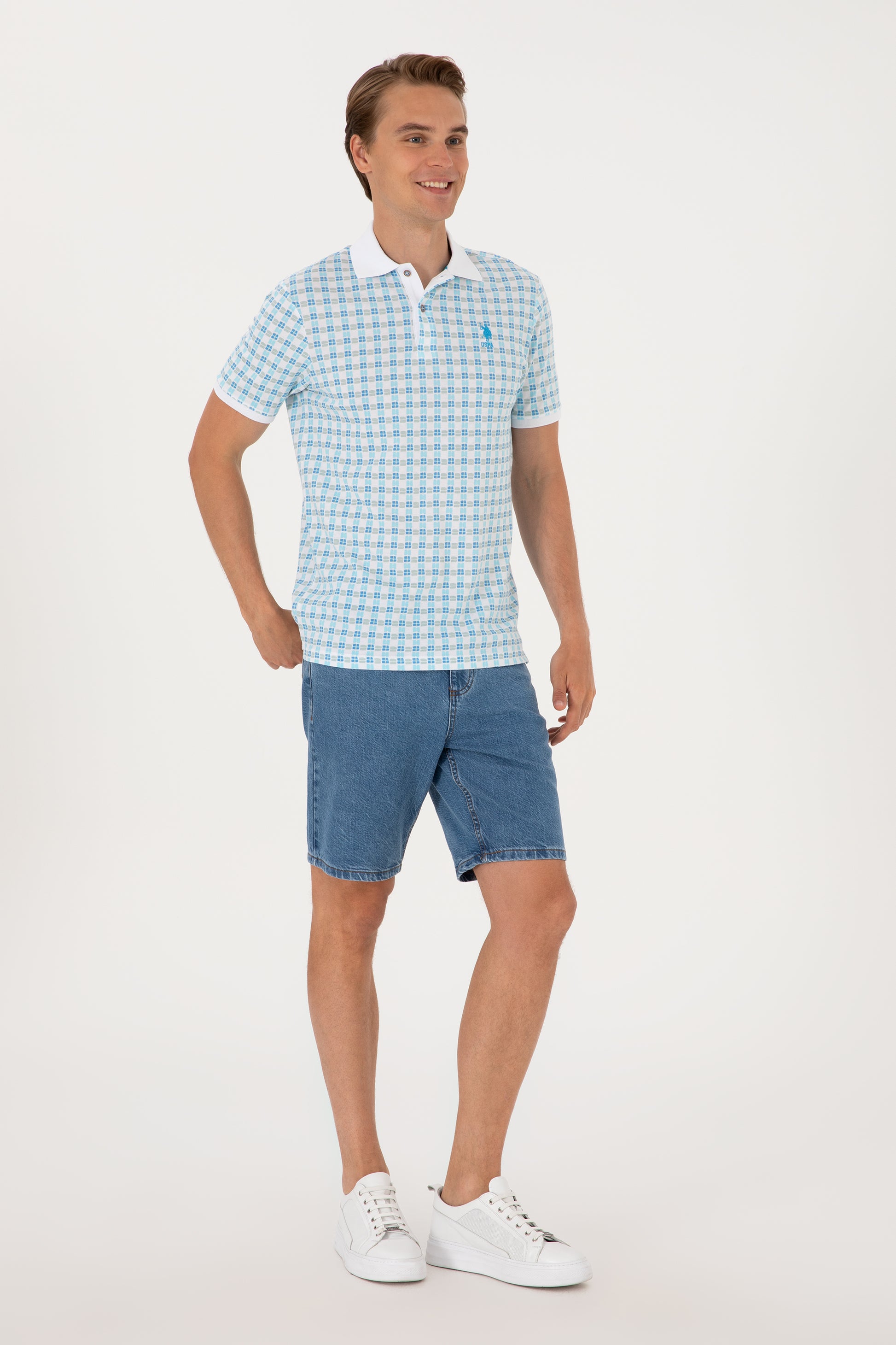 Men's Regular Fit Polo Neck Turquoise Patterned T-Shirt