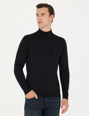 Black Slim Fit Half Turtleneck Basic Knitwear Sweater