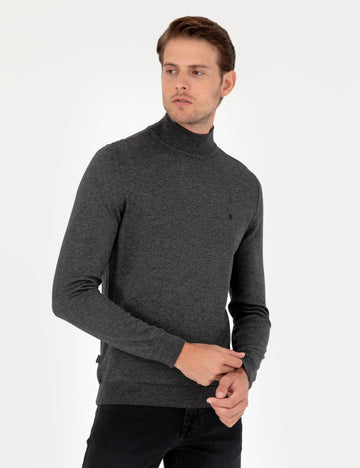 Anthracite Melange Slim Fit Half Turtleneck Basic Knitwear Sweater