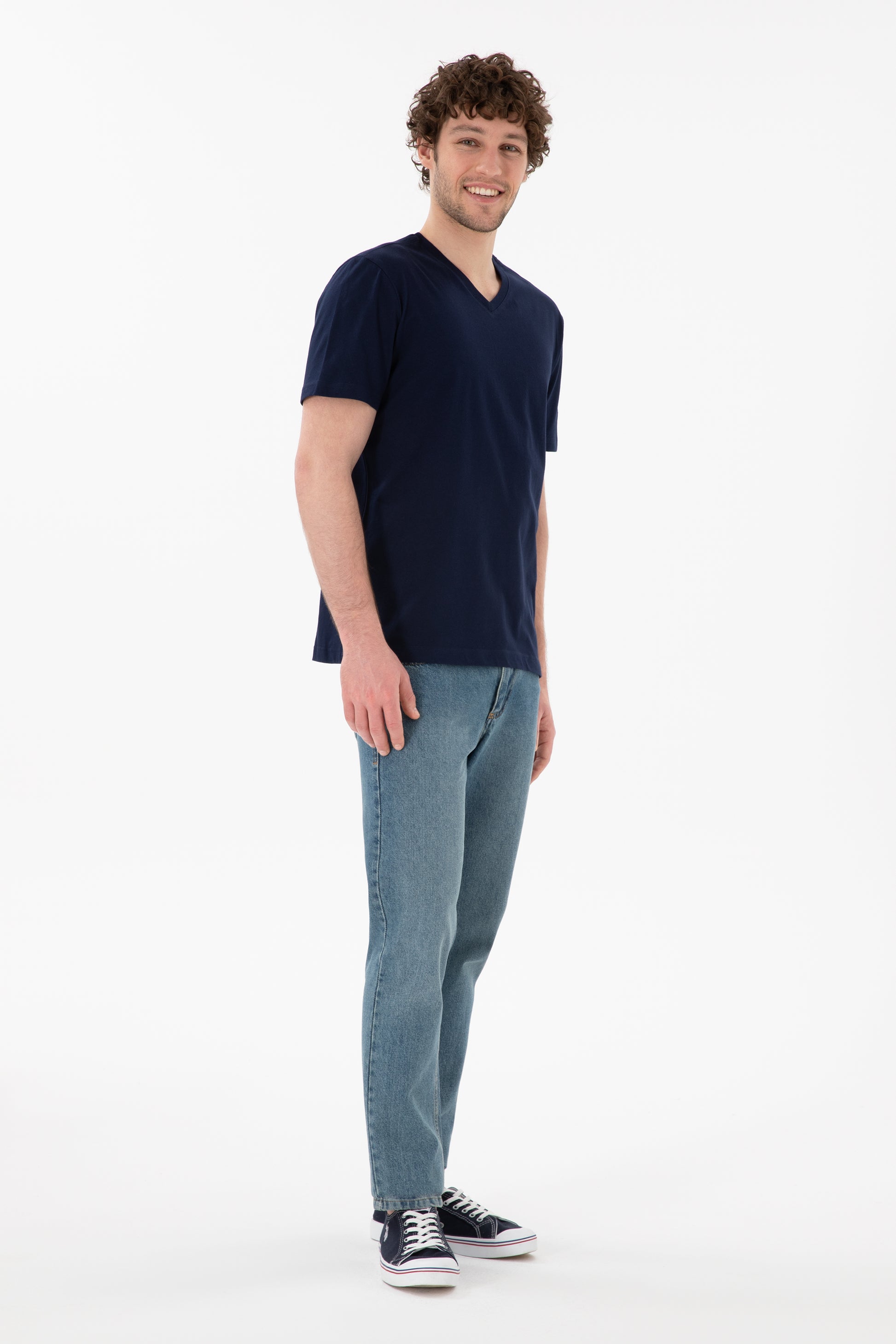 Men's Regular Fit V-Neck Navy Basic T-Shirt