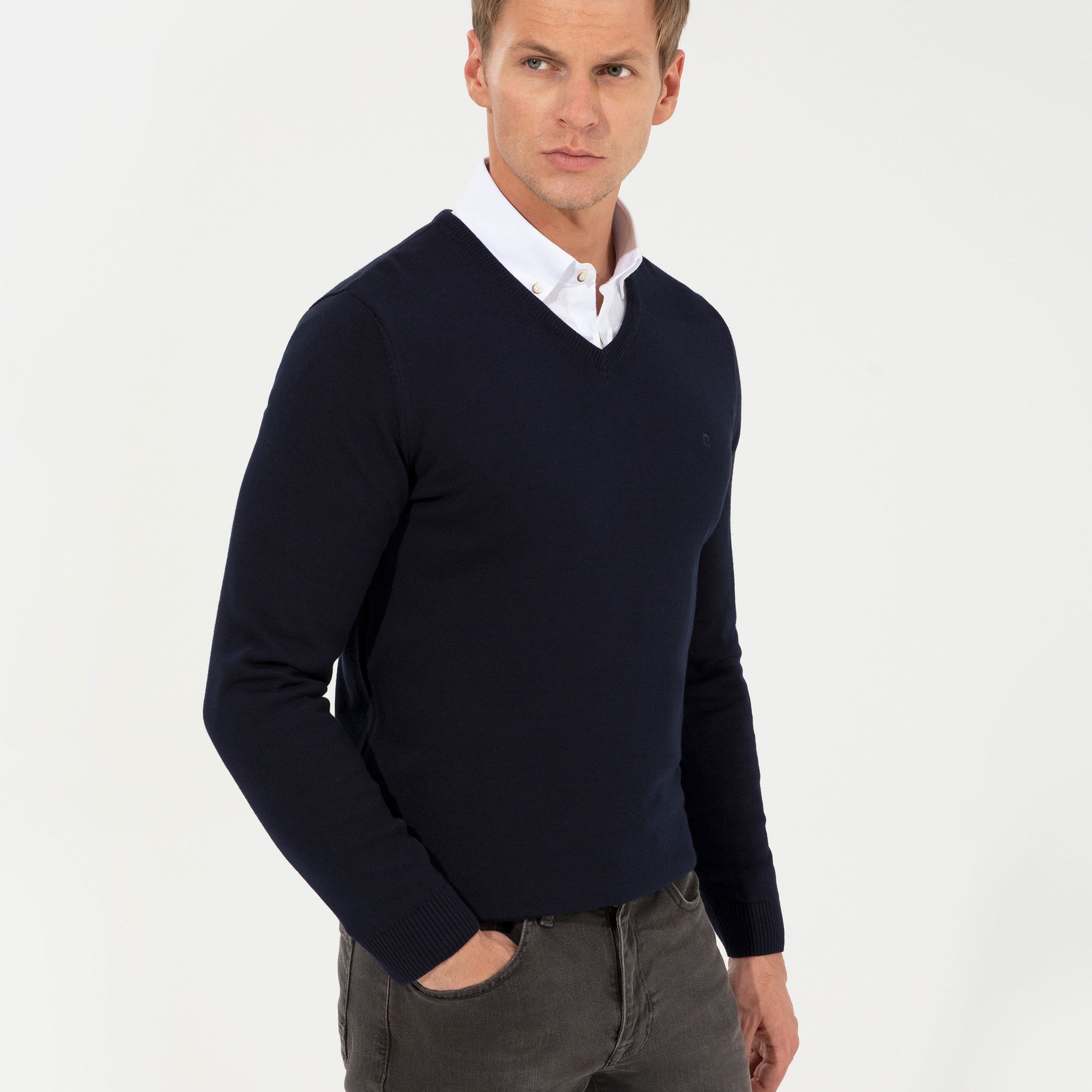 Navy Blue Slim Fit V Neck Basic Knitwear Sweater