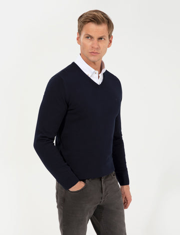 Navy Blue Slim Fit V Neck Basic Knitwear Sweater