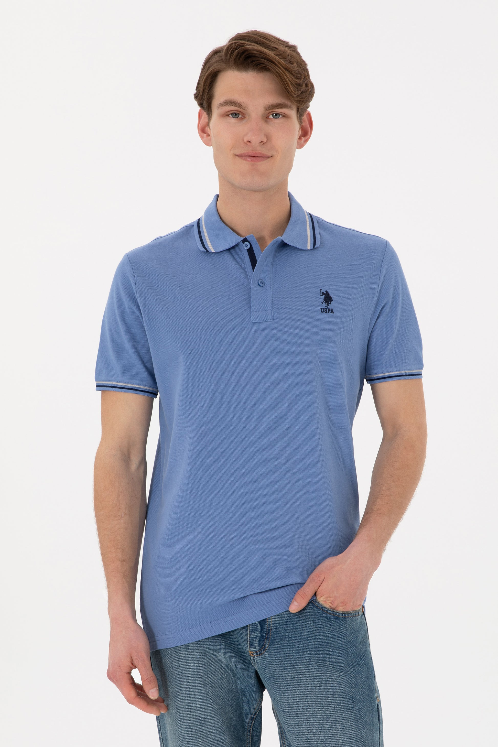 Men's Regular Fit Polo Neck Dark Blue Basic T-Shirt