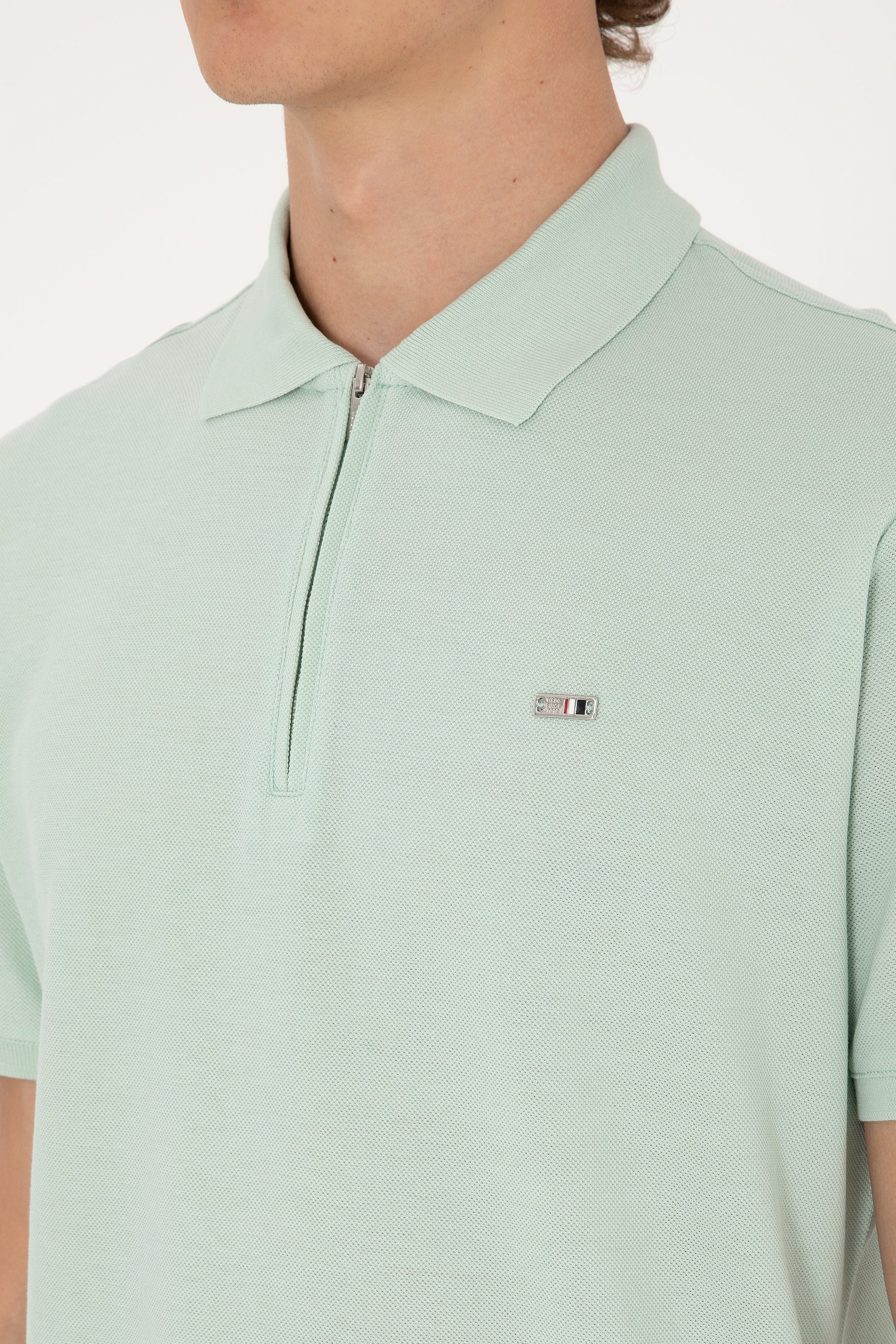Men's Regular Fit Zipper Water Green T-Shirt