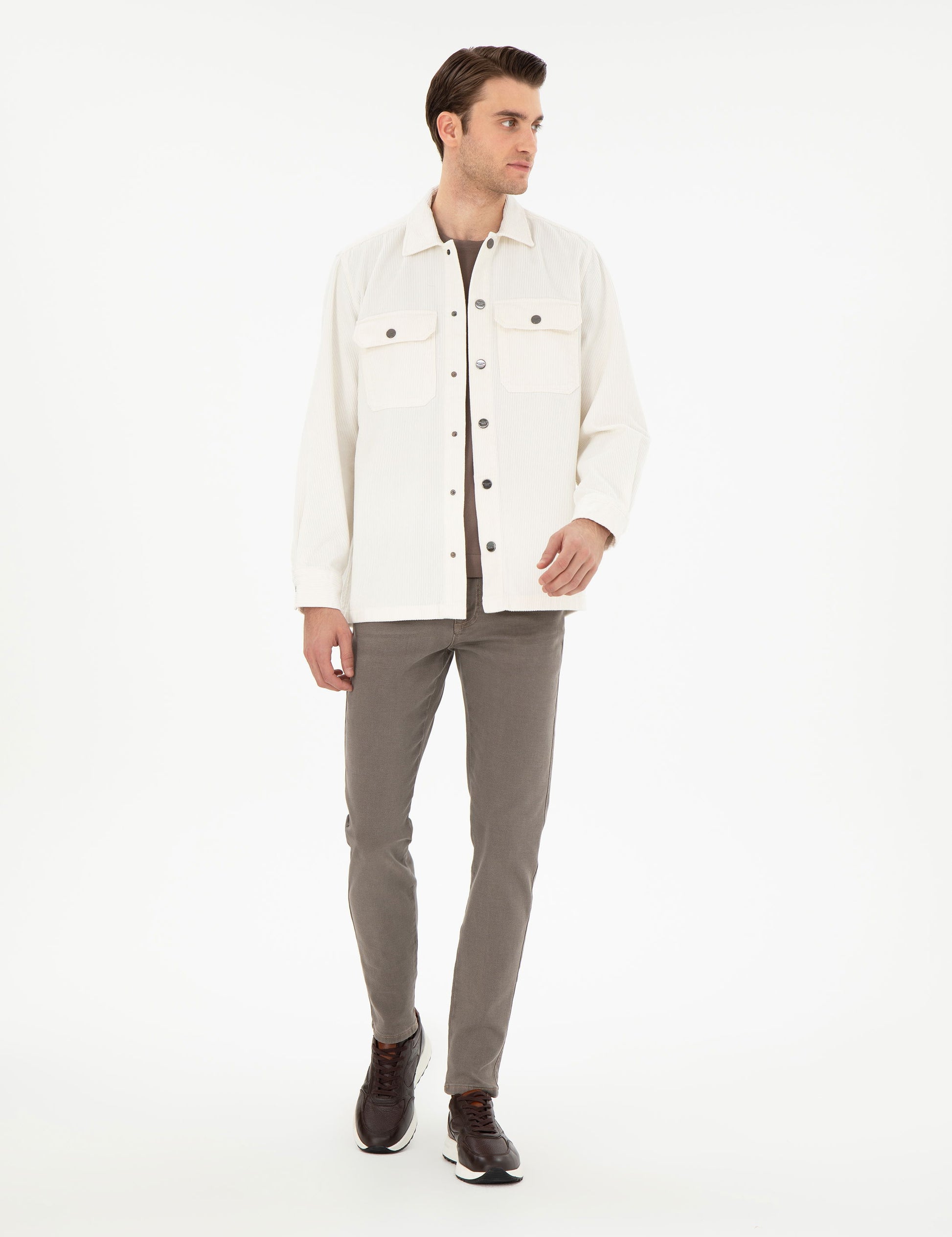 Ekru Klasik Yaka ��ift Cepli Oversize G��mlek Ceket