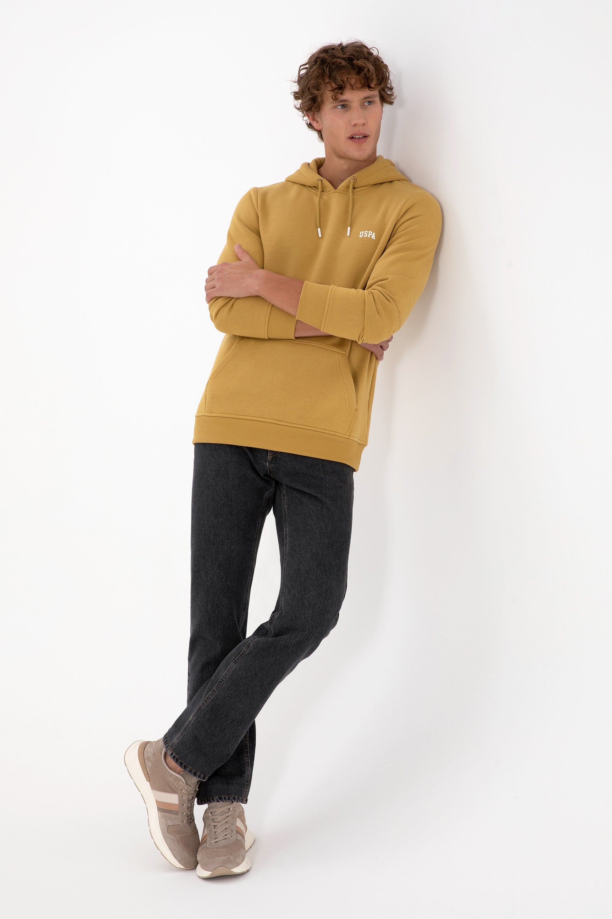 Erkek Regular Fit Kapüşonlu Hardal Basic Sweatshirt