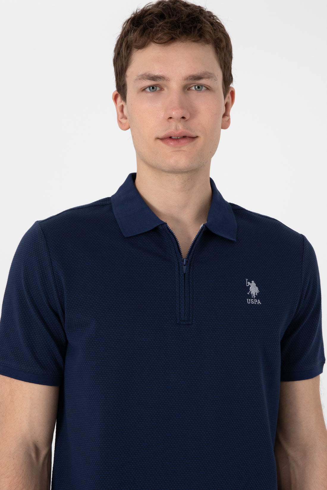 Men's Regular Fit Zipper Navy Textured T-Shirt