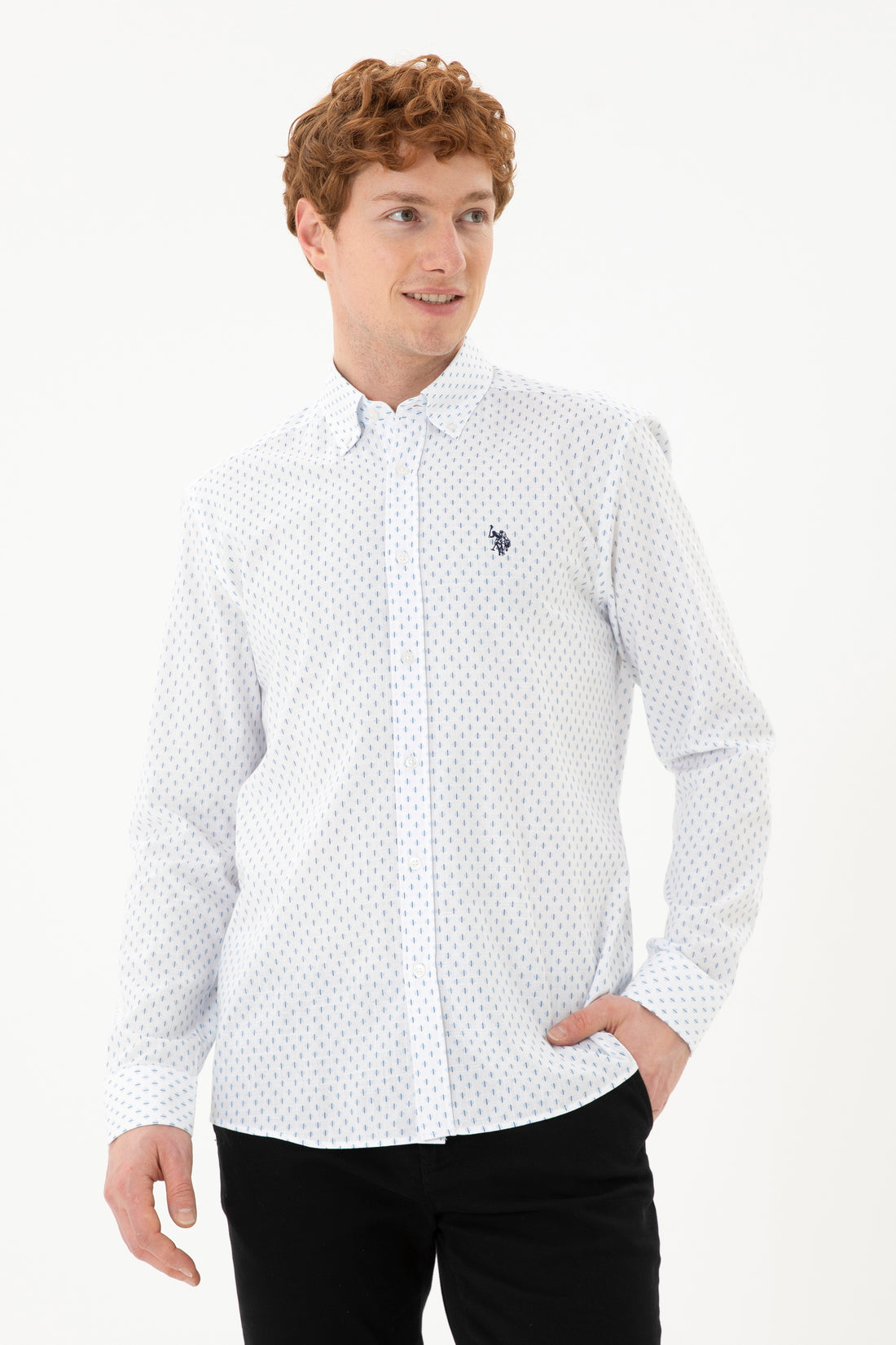 Men's Blue Printed White Shirt