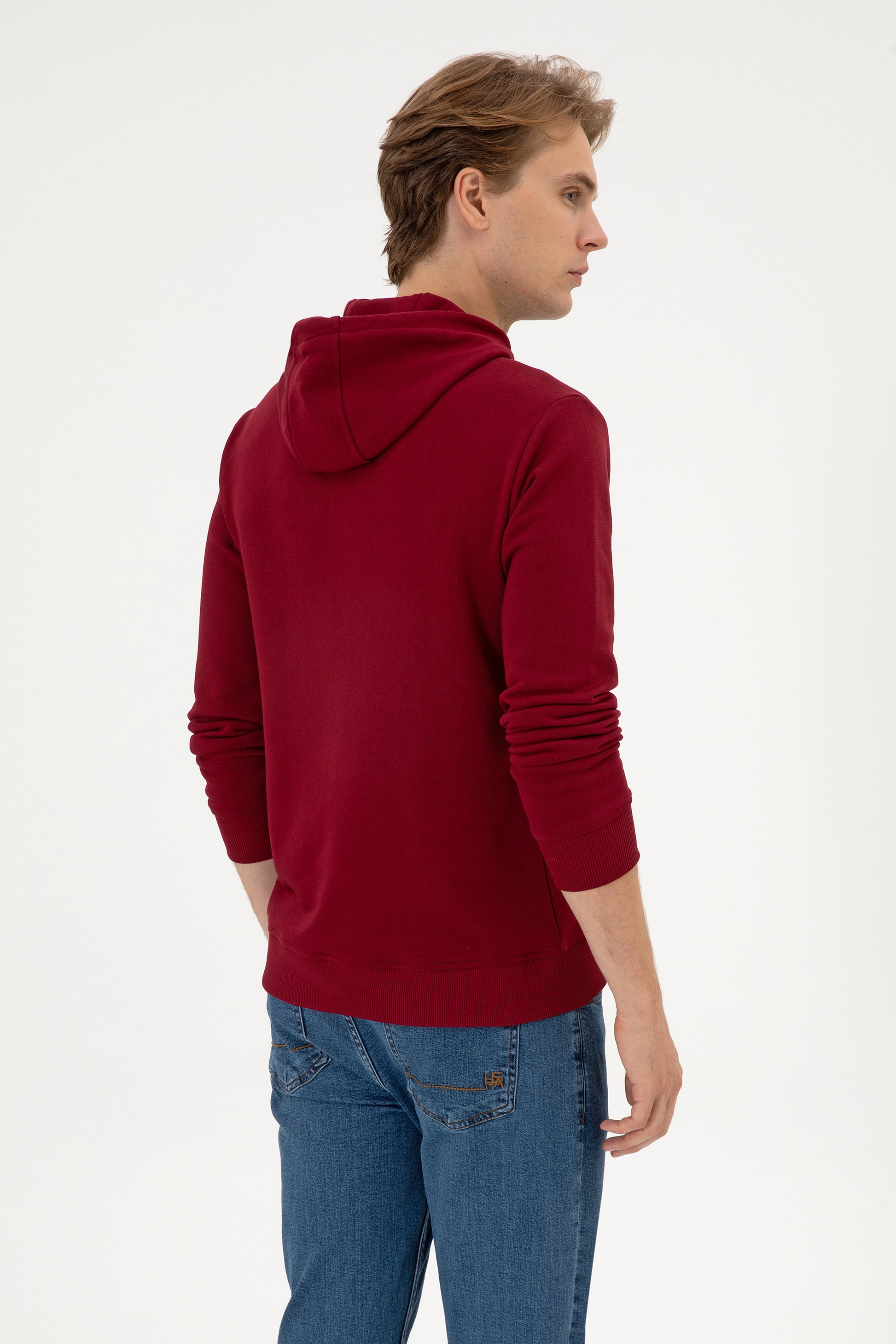 Erkek Regular Fit Kapişonlu Bordo Basic Sweatshirt