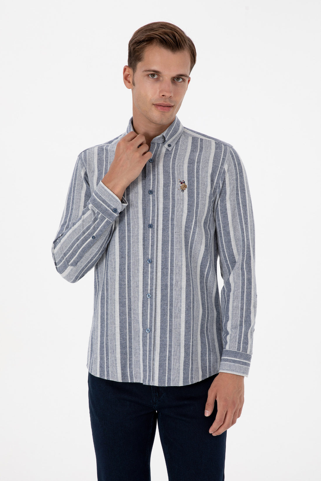 Men's Navy Blue Long Sleeve Striped Shirt