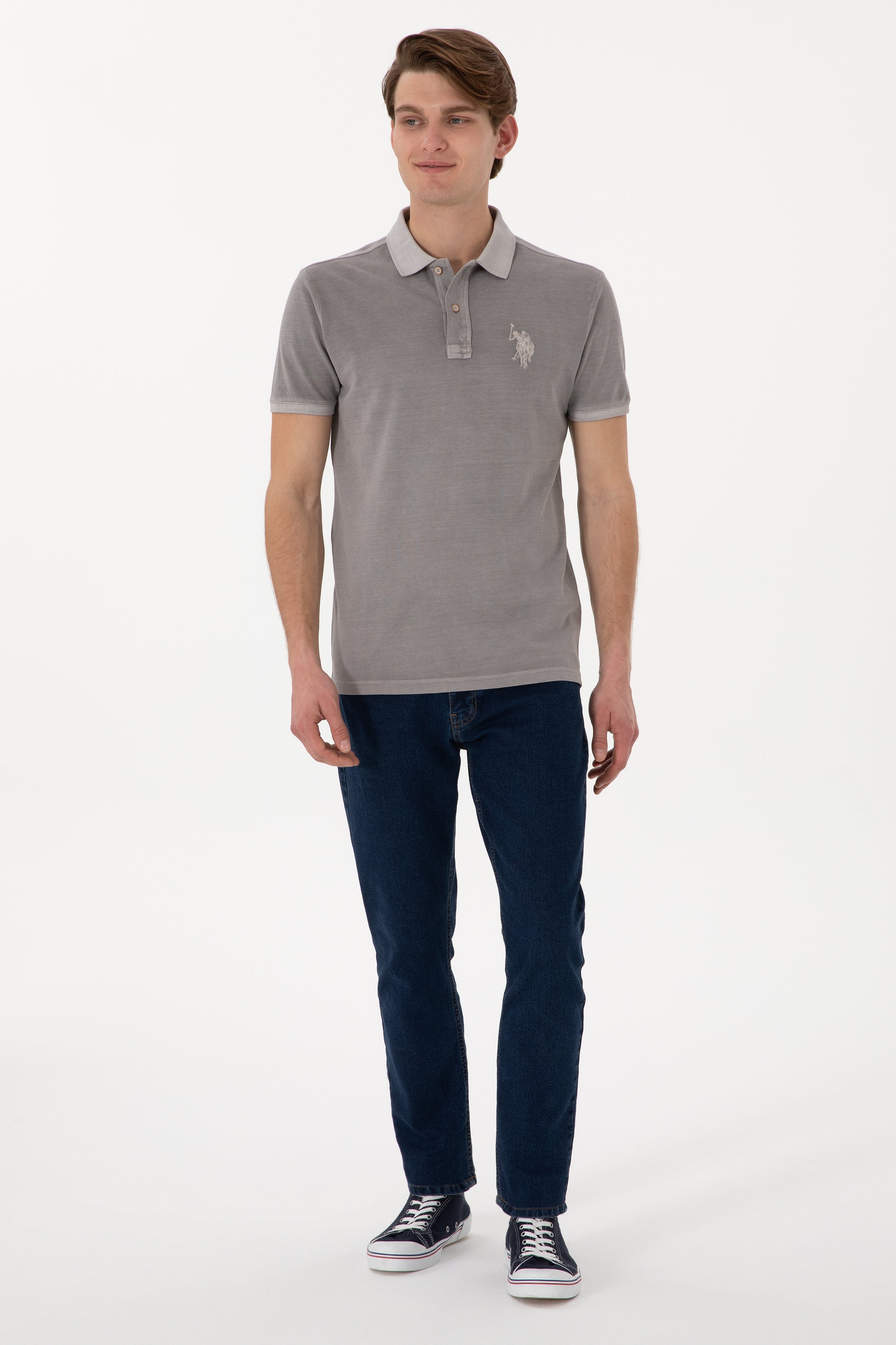 Men's Slim Fit Polo Neck Dark Grey Wash Basic T-Shirt