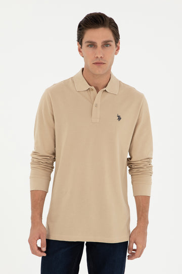 Men's Regular Fit Polo Collar Sand Basic Sweatshirt