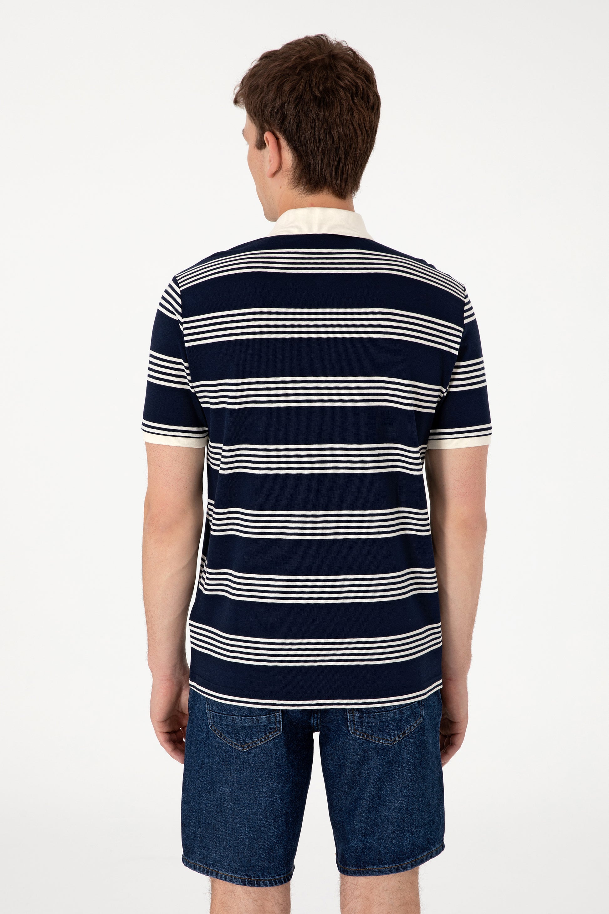 Men's Regular Fit Polo Neck Navy Striped T-Shirt