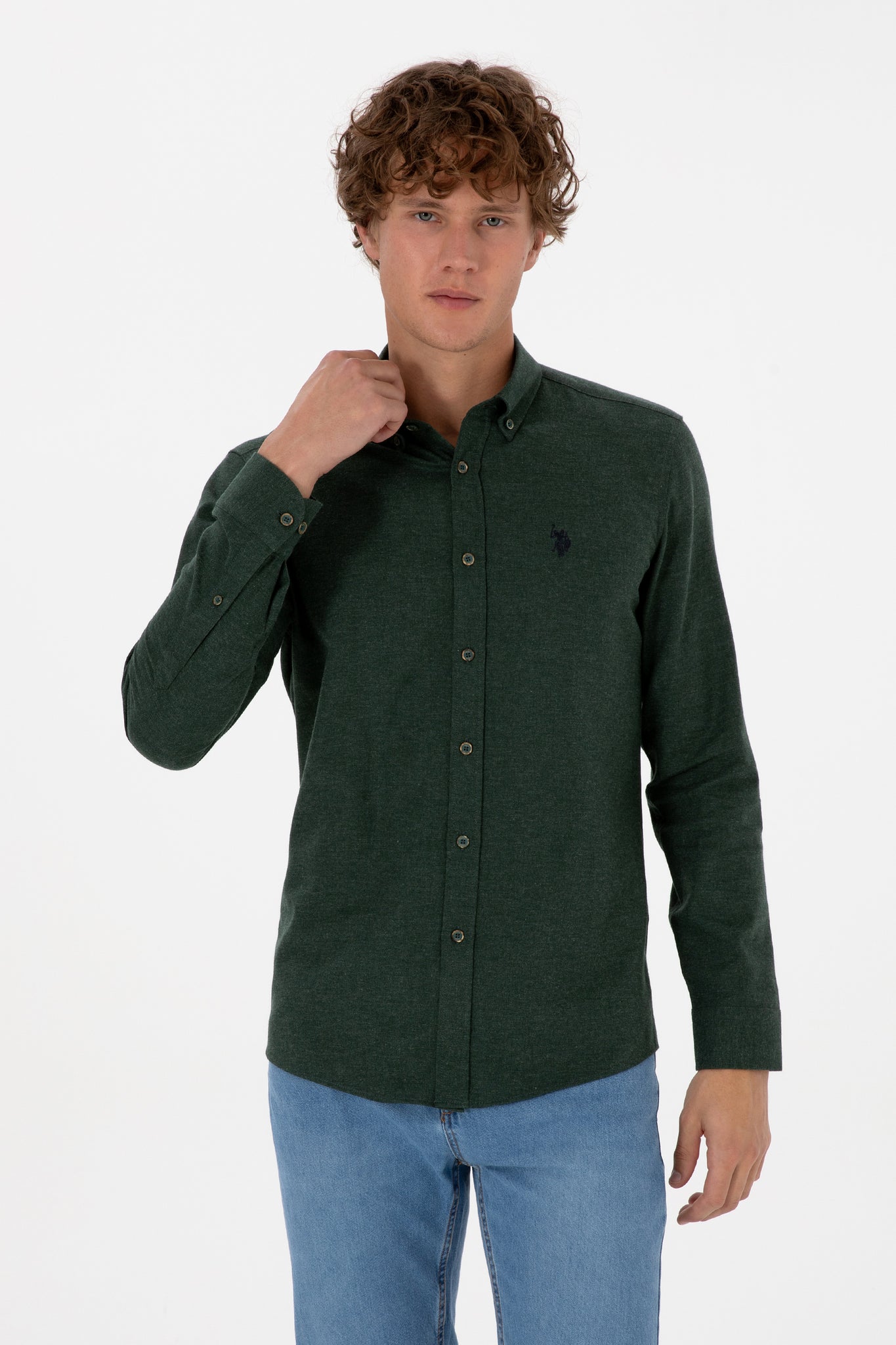 Men's Dark Green Long Sleeve Basic Shirt