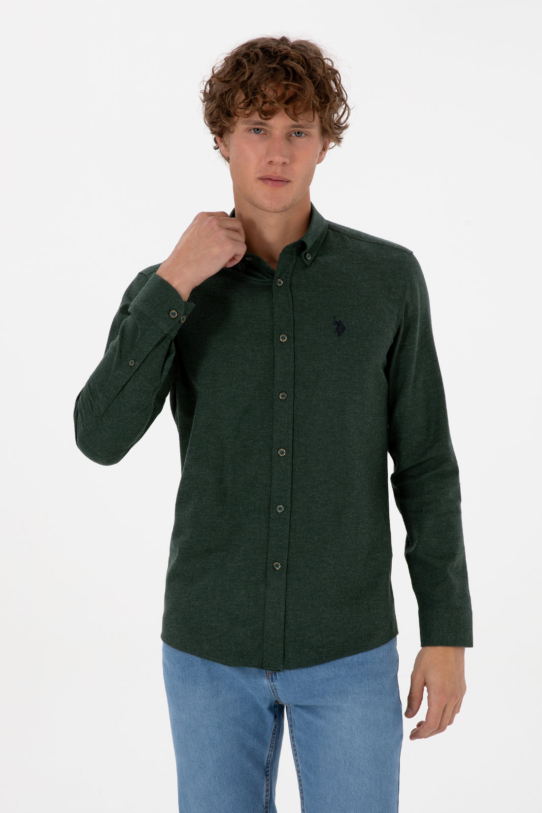 Men's Dark Green Long Sleeve Basic Shirt