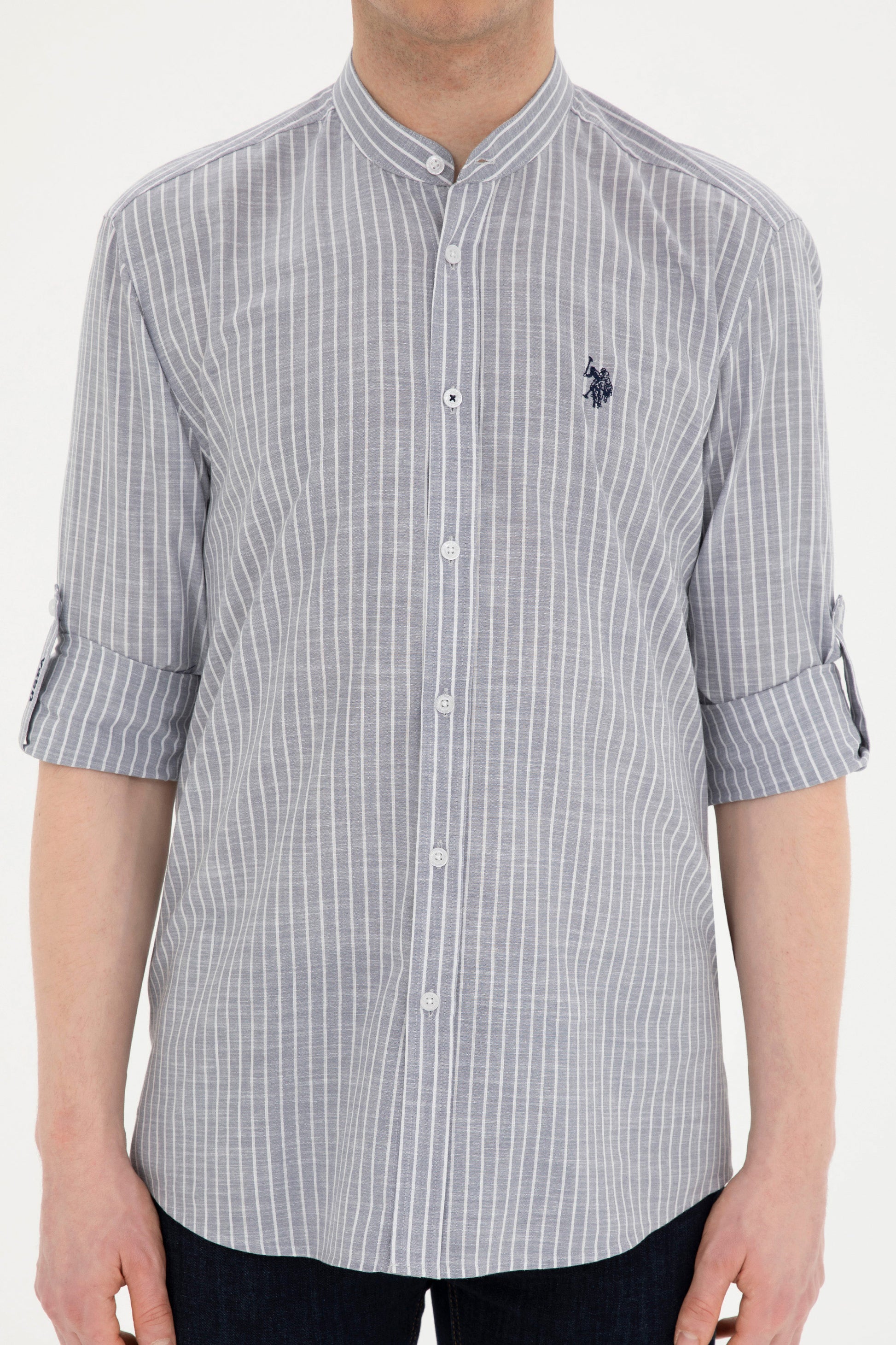 Men's Judge Collar Striped Gray Shirt