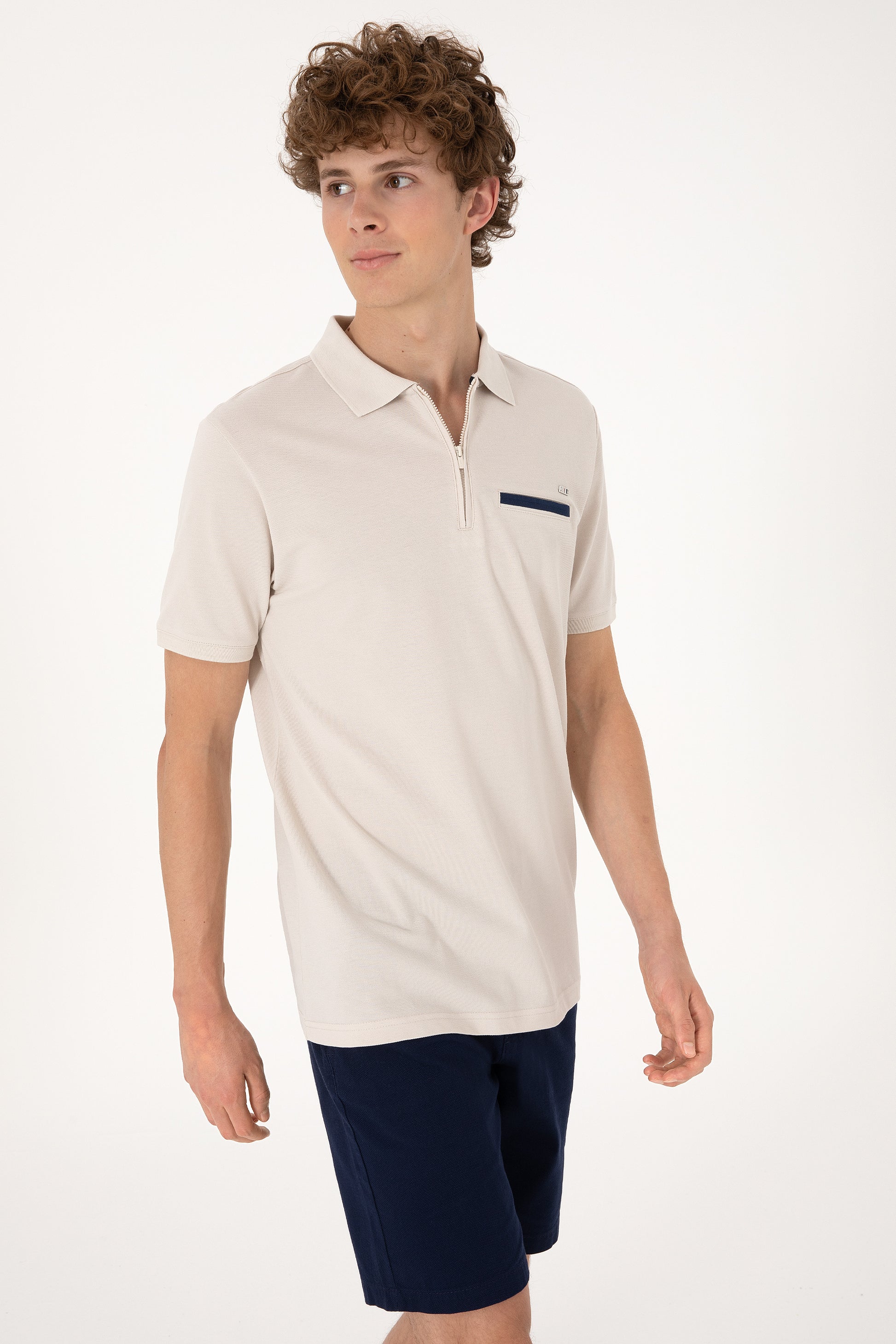 Men's Regular Fit Zipper Stone T-Shirt