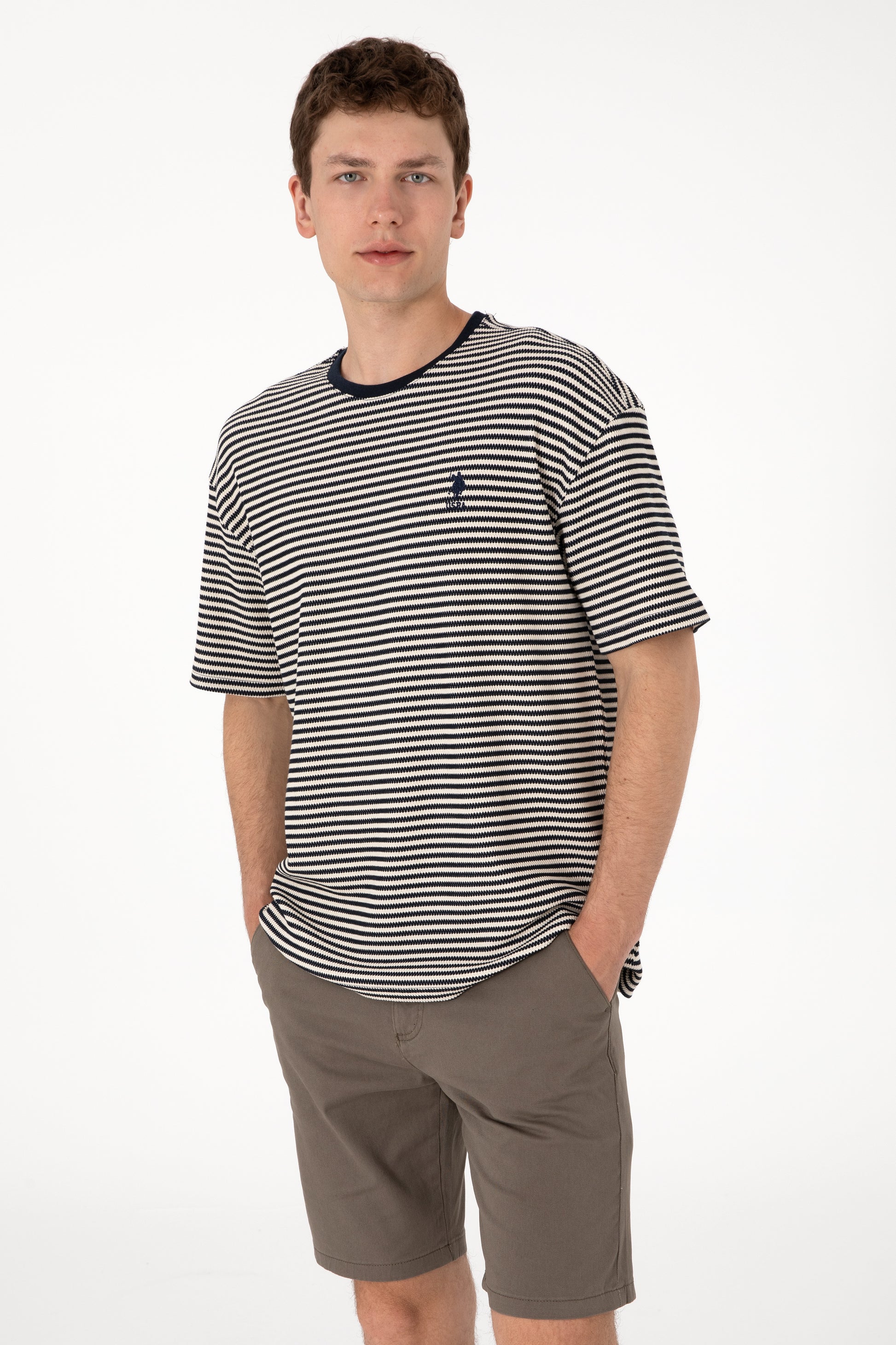 Men's Comfort Fit Crew Neck Navy Knit Patterned T-Shirt