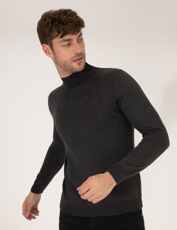 Anthracite Melange Slim Fit Half Turtleneck Basic Knitwear Sweater