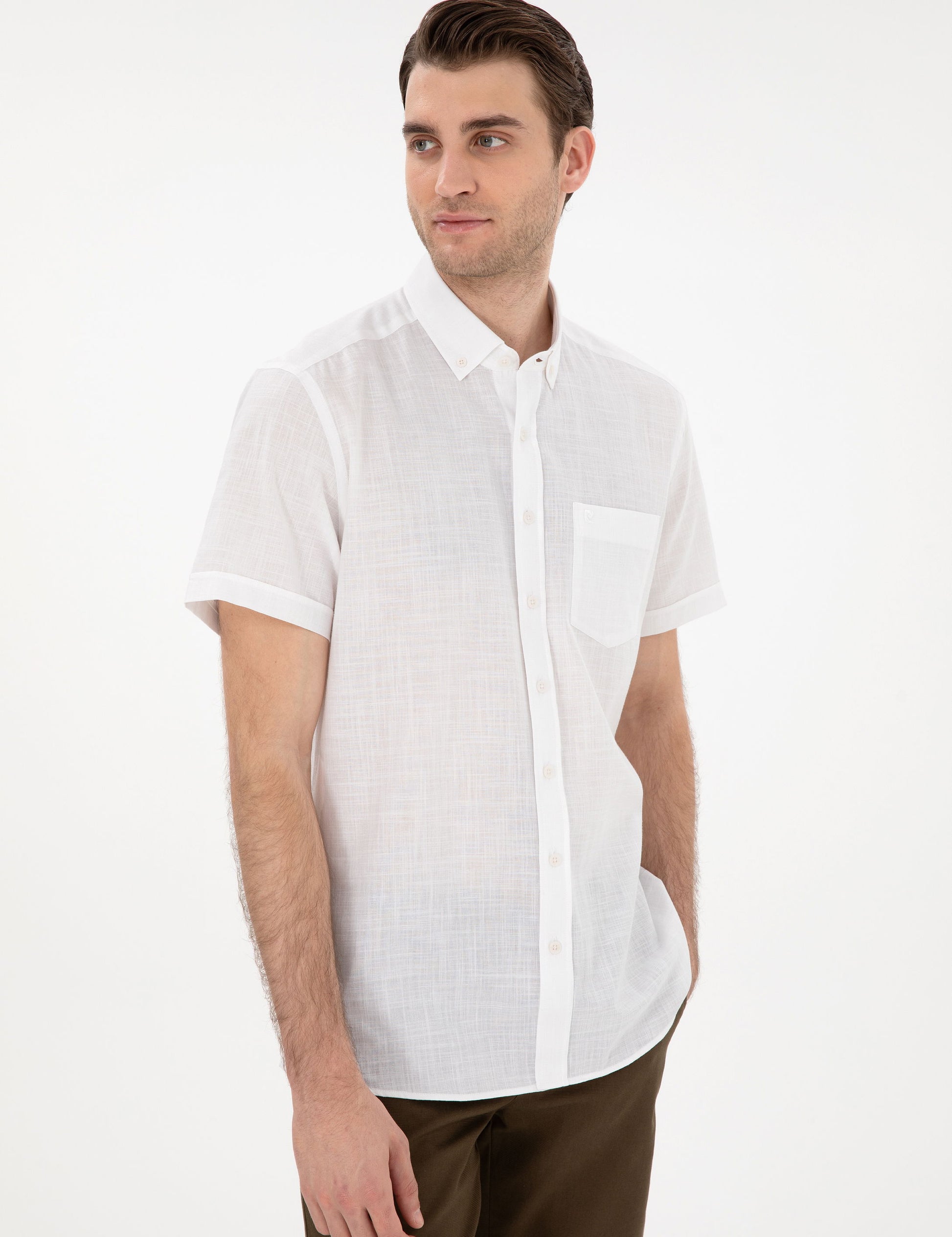 White Linen Look Regular Fit Short Sleeve Shirt