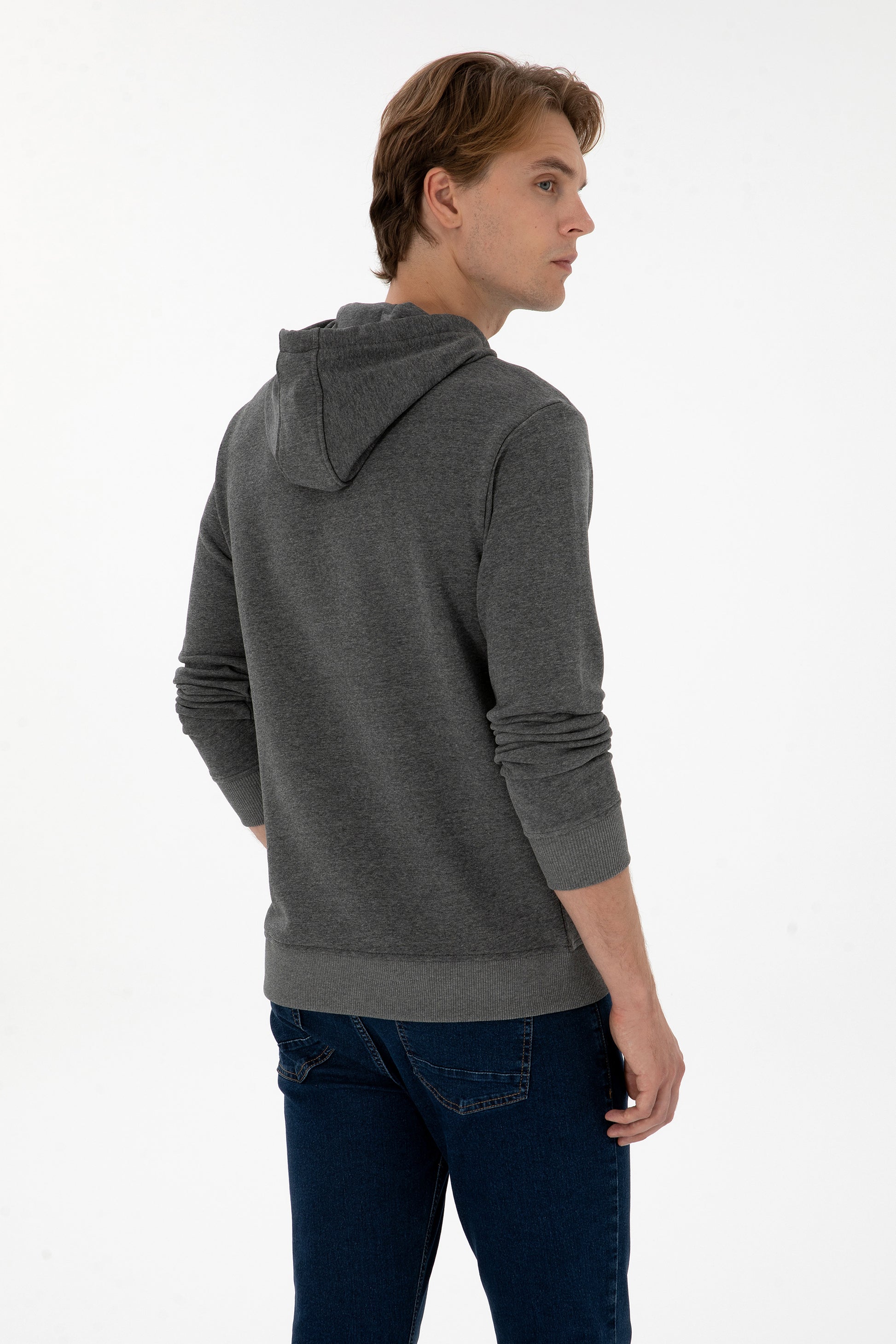 Erkek Regular Fit Kapişonlu Antrasit Melanj Basic Sweatshirt