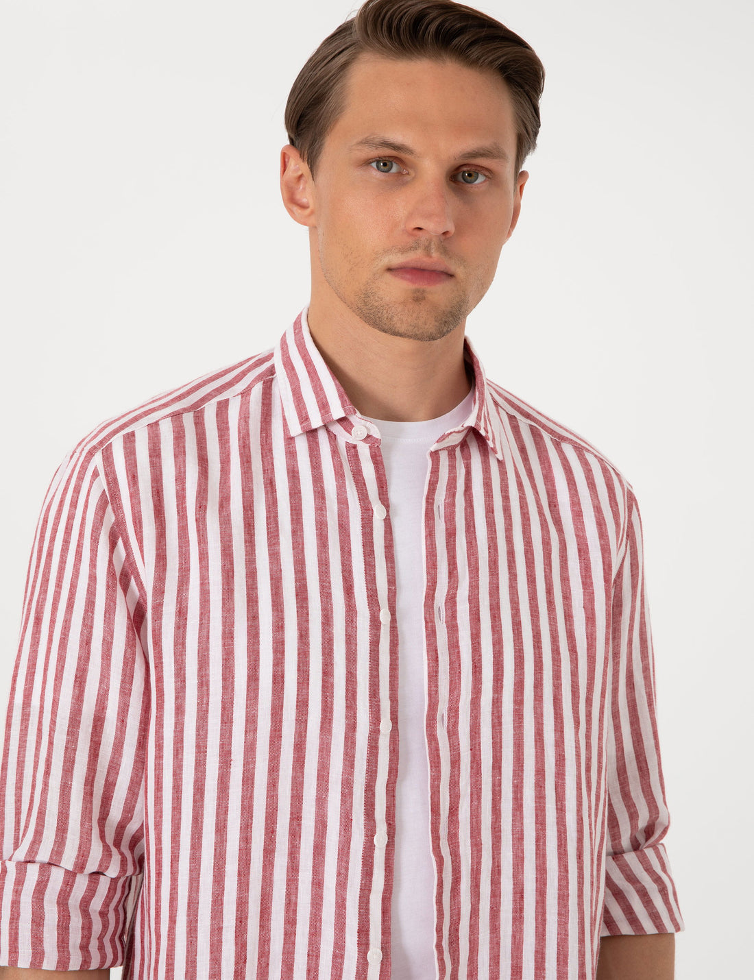 Nar ��i��e��i %100 Keten ��izgili Regular Fit Uzun Kollu G��mlek