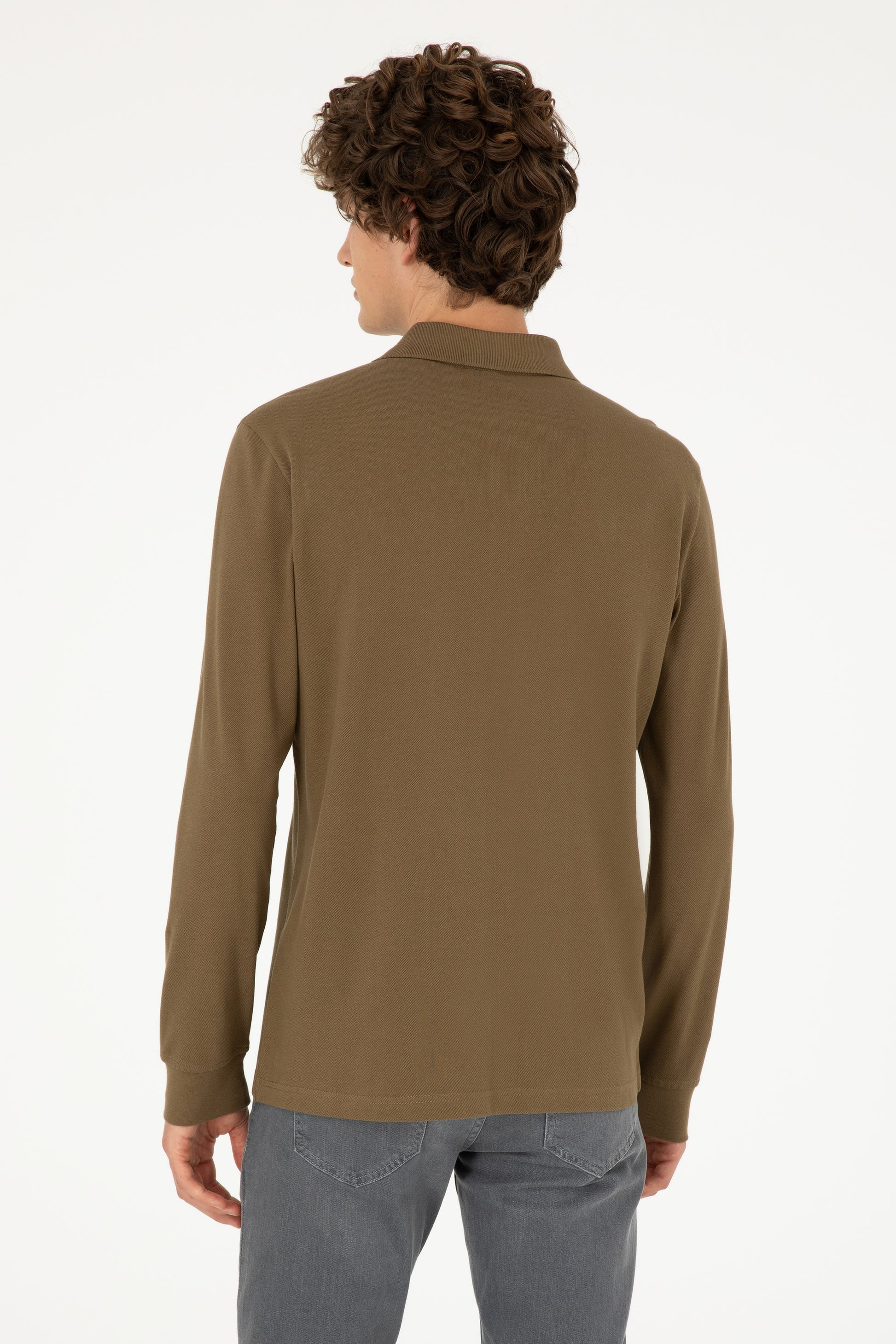 Men's Regular Fit Polo Neck Khaki Basic Sweatshirt