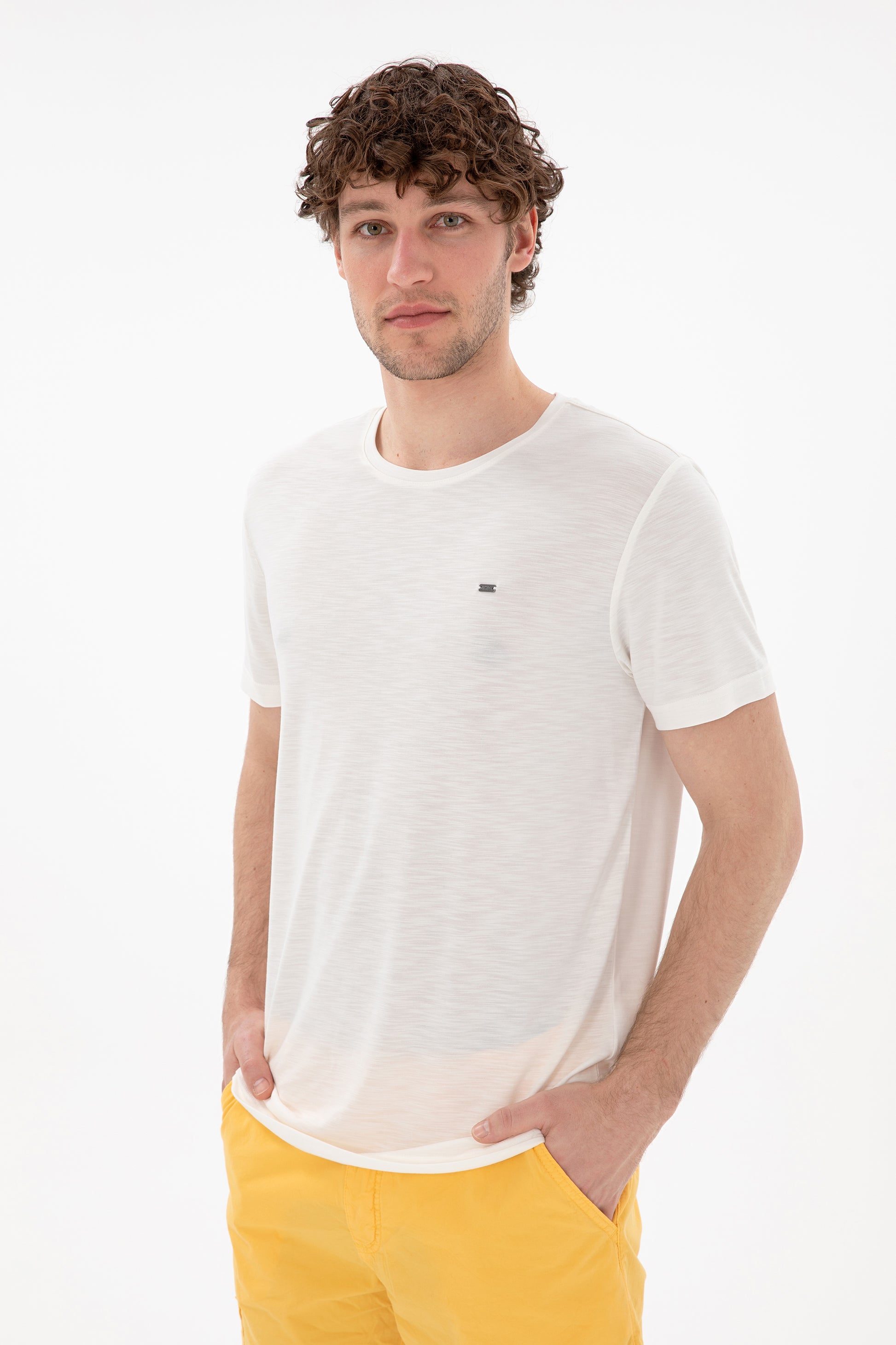 Men's Regular Fit Crew Neck Modal Ecru Basic T-Shirt