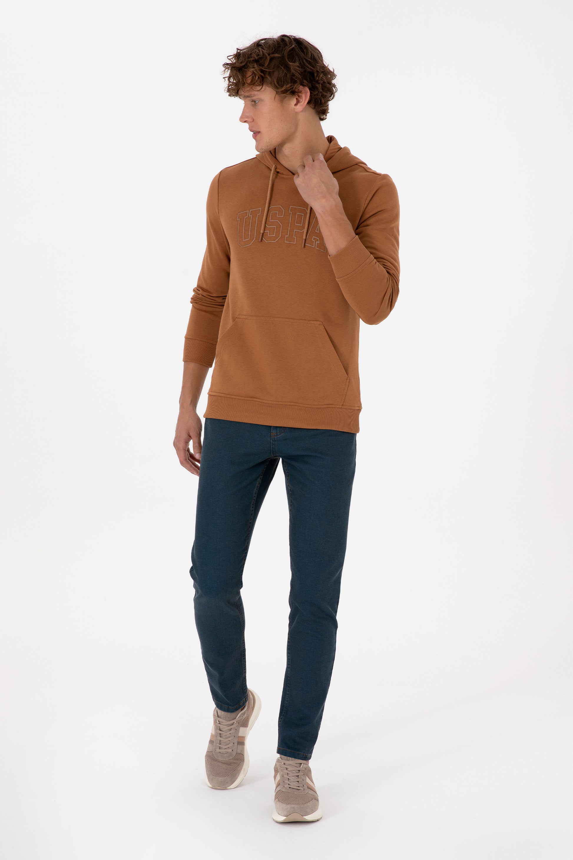 Erkek Regular Fit Kapüşonlu Camel Basic Sweatshirt