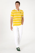 Men's Regular Fit Polo Neck Yellow Striped T-Shirt