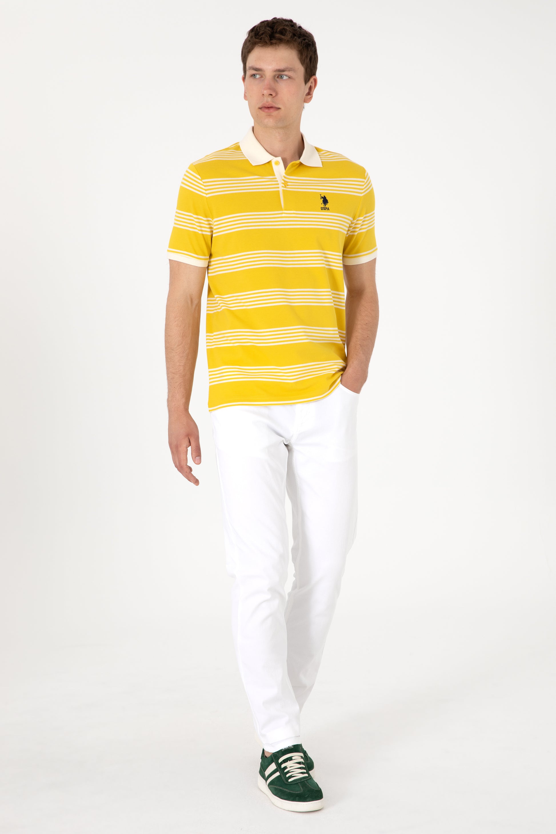 Men's Regular Fit Polo Neck Yellow Striped T-Shirt