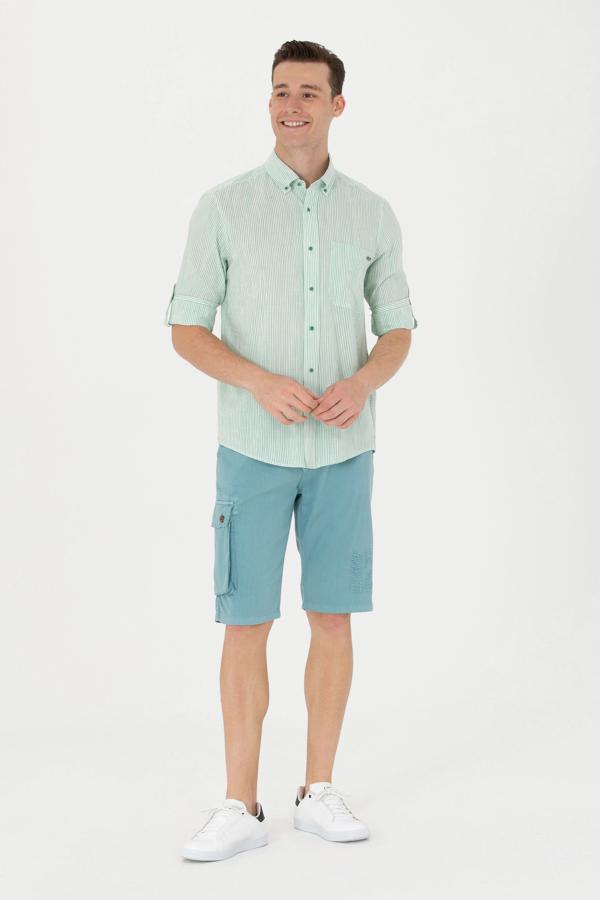 Men's Green Striped White Shirt