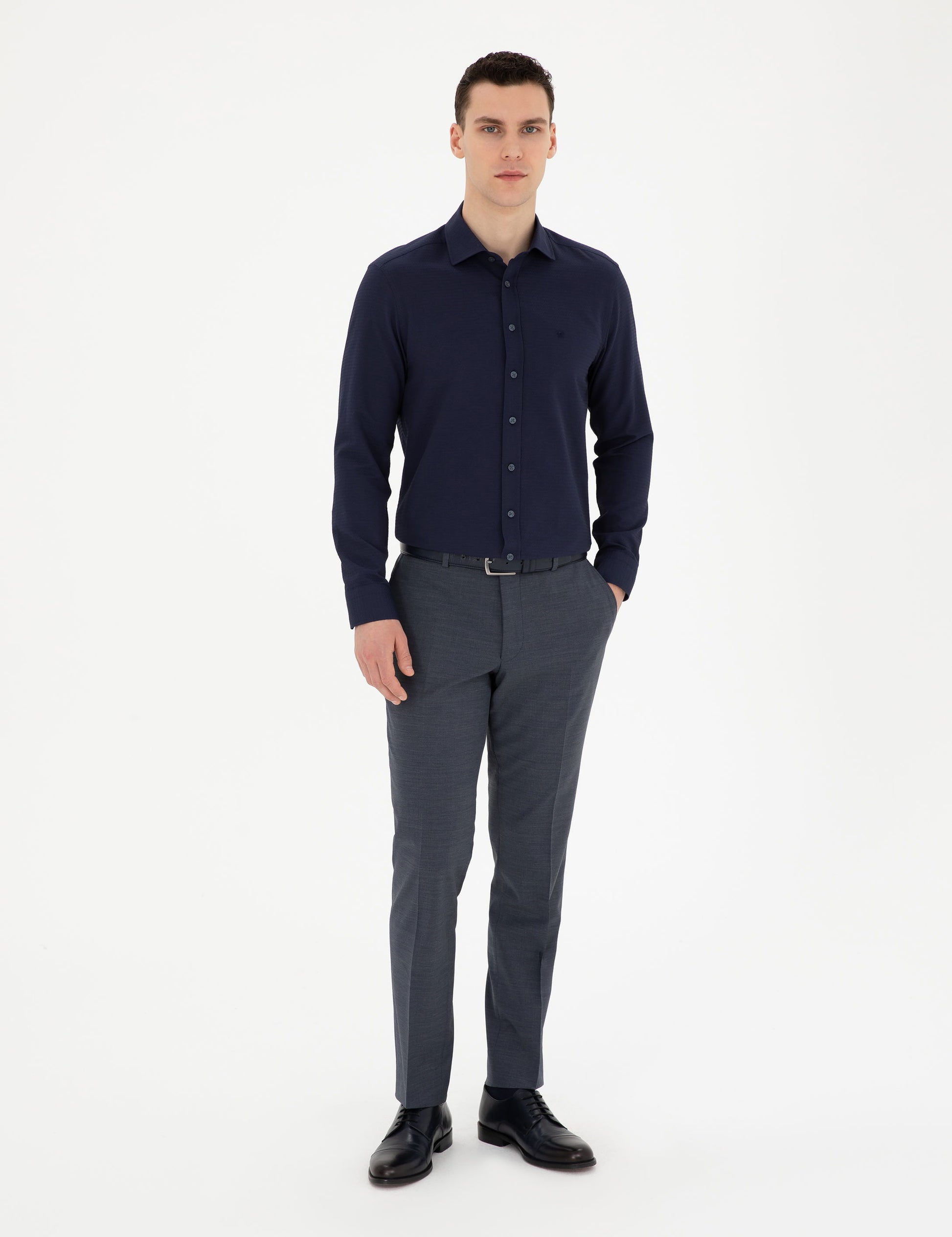 Navy Blue Slim Fit Chunky Long Sleeve Shirt