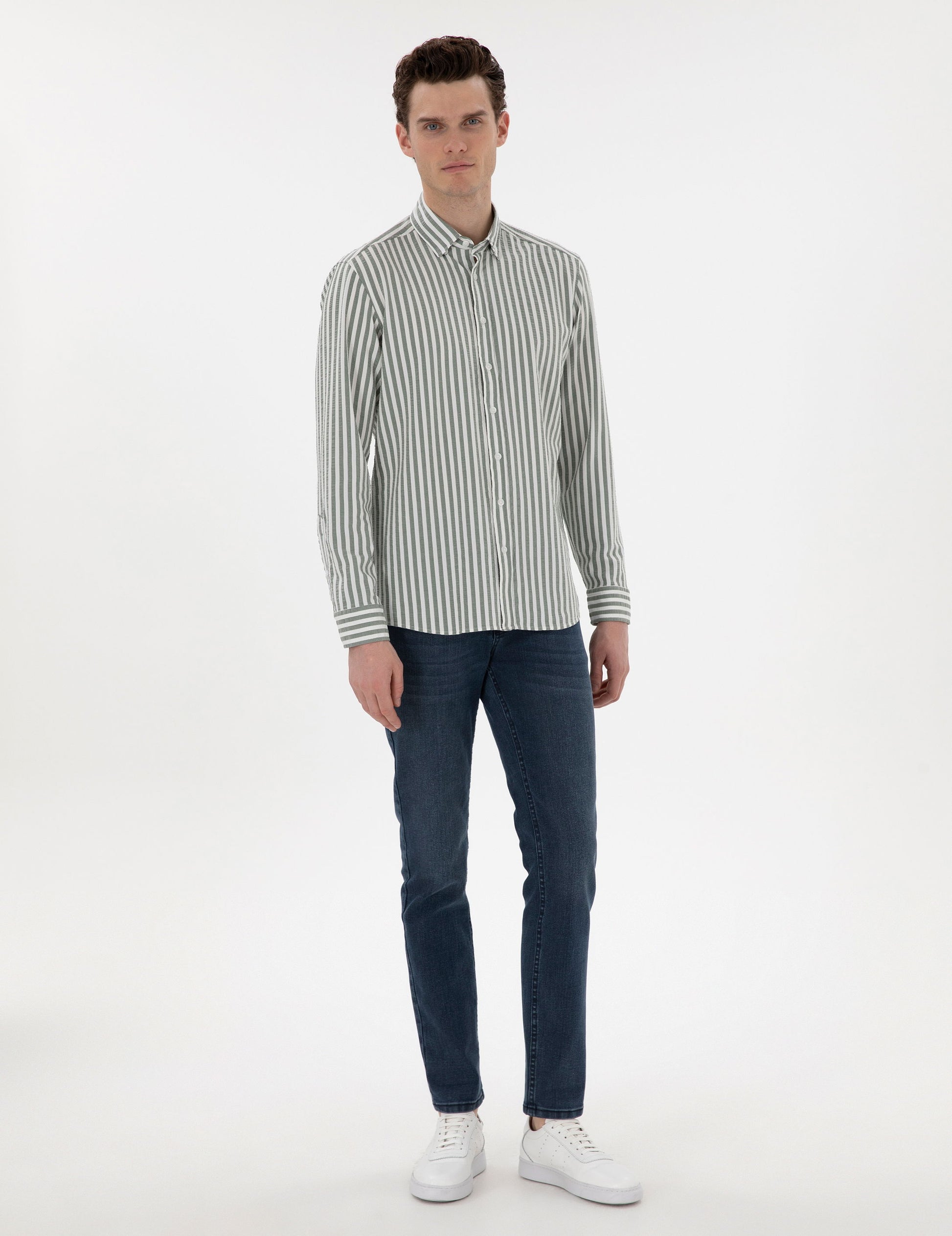 Khaki Regular Fit Striped Long Sleeve Shirt