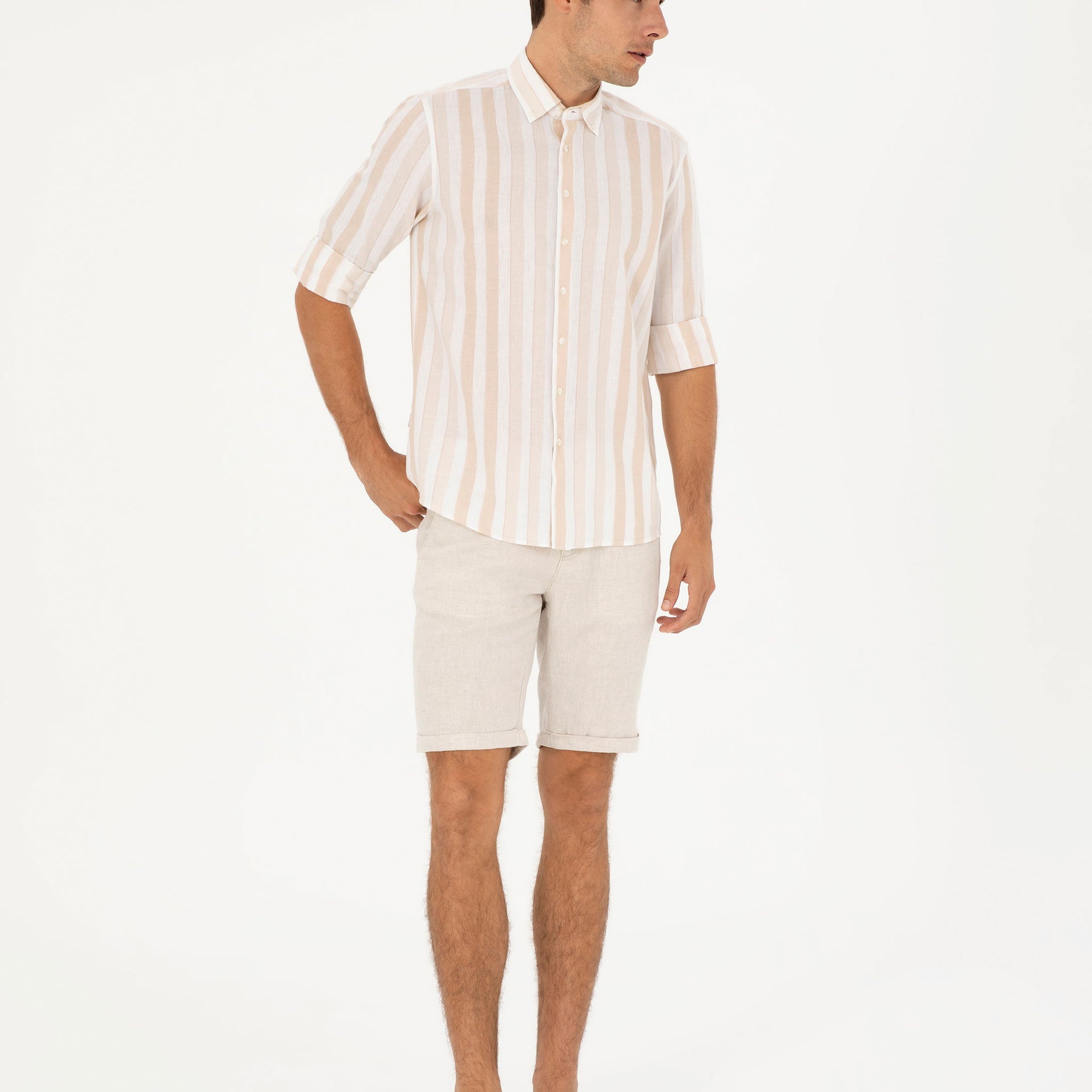 Beige Slim Fit Linen Blend Woven Shorts