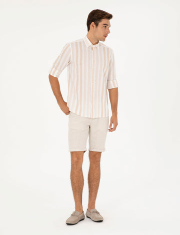 Beige Slim Fit Linen Blend Woven Shorts