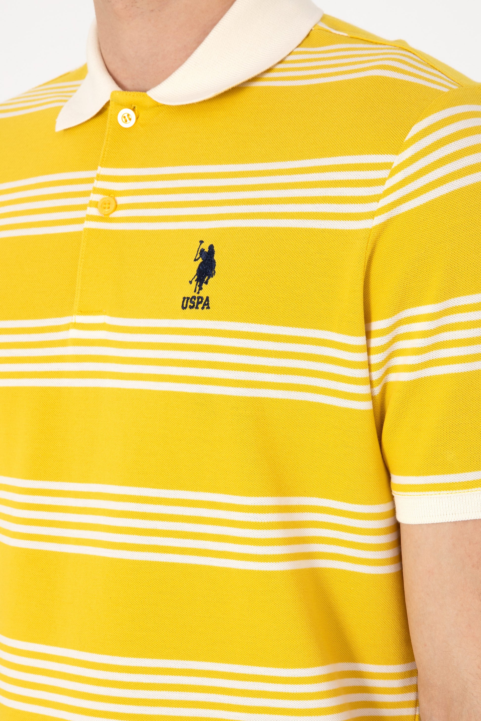 Men's Regular Fit Polo Neck Yellow Striped T-Shirt