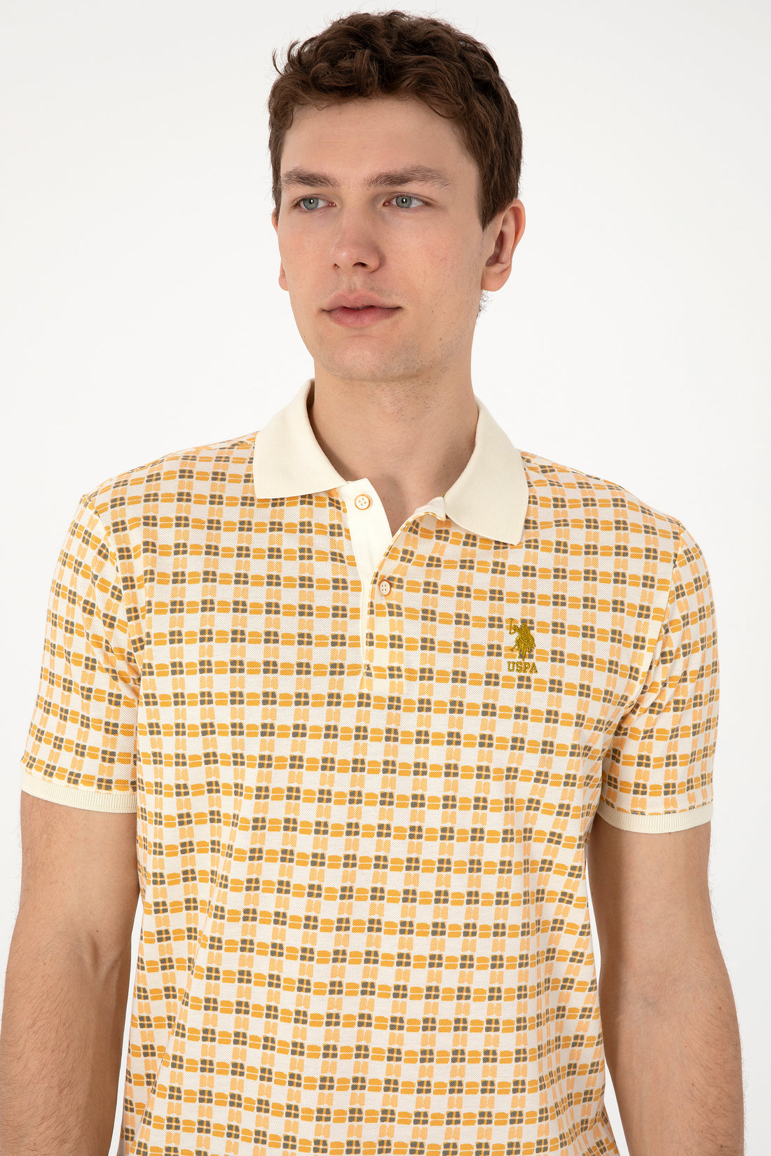 Men's Regular Fit Polo Neck Cream Print T-shirt